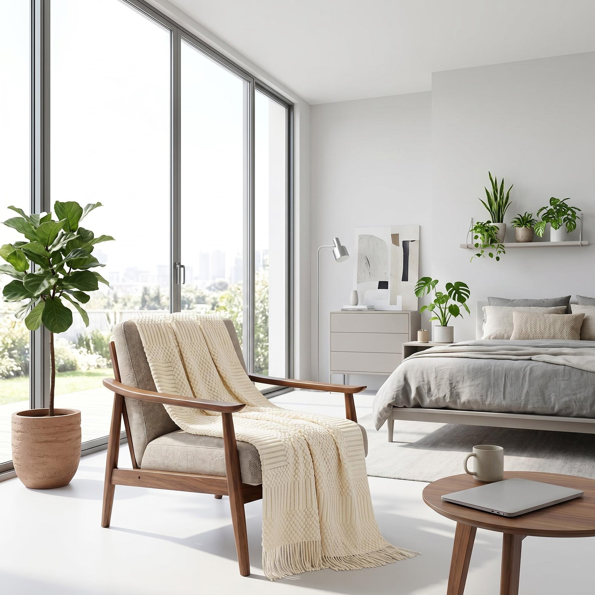 Cream Canyon Fringe Knit Throw Blanket draped over a modern armchair in a bright bedroom.