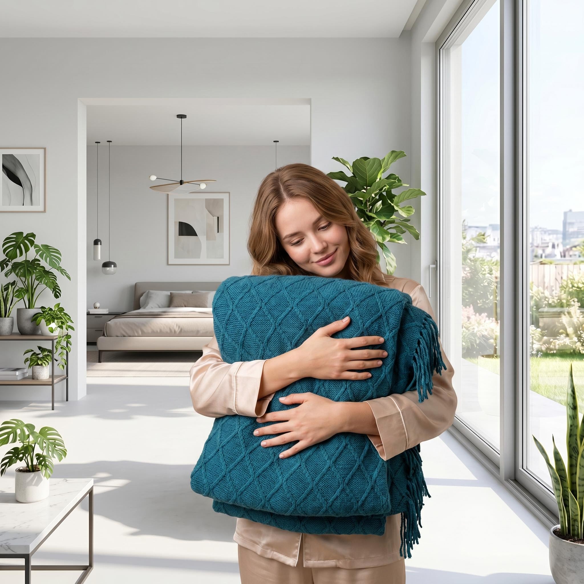 Woman in pajamas hugging a soft teal Canyon Fringe Knit Throw Blanket with a textured diamond pattern.