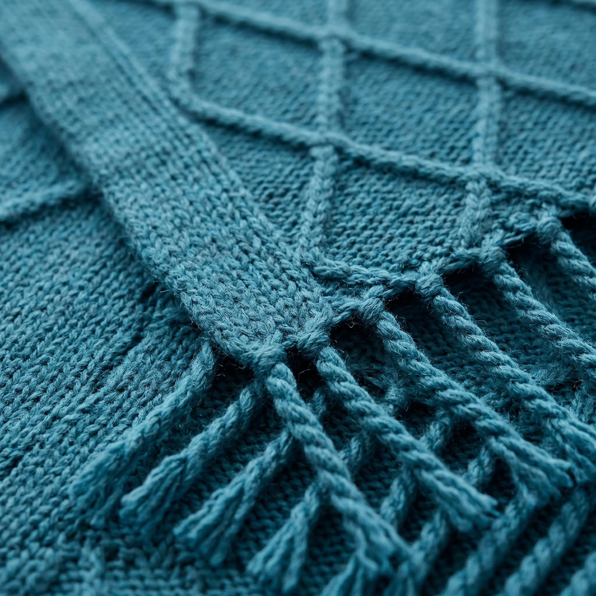 Close-up of a teal Canyon Fringe Knit Throw Blanket with a diamond jacquard texture and fringe edges.