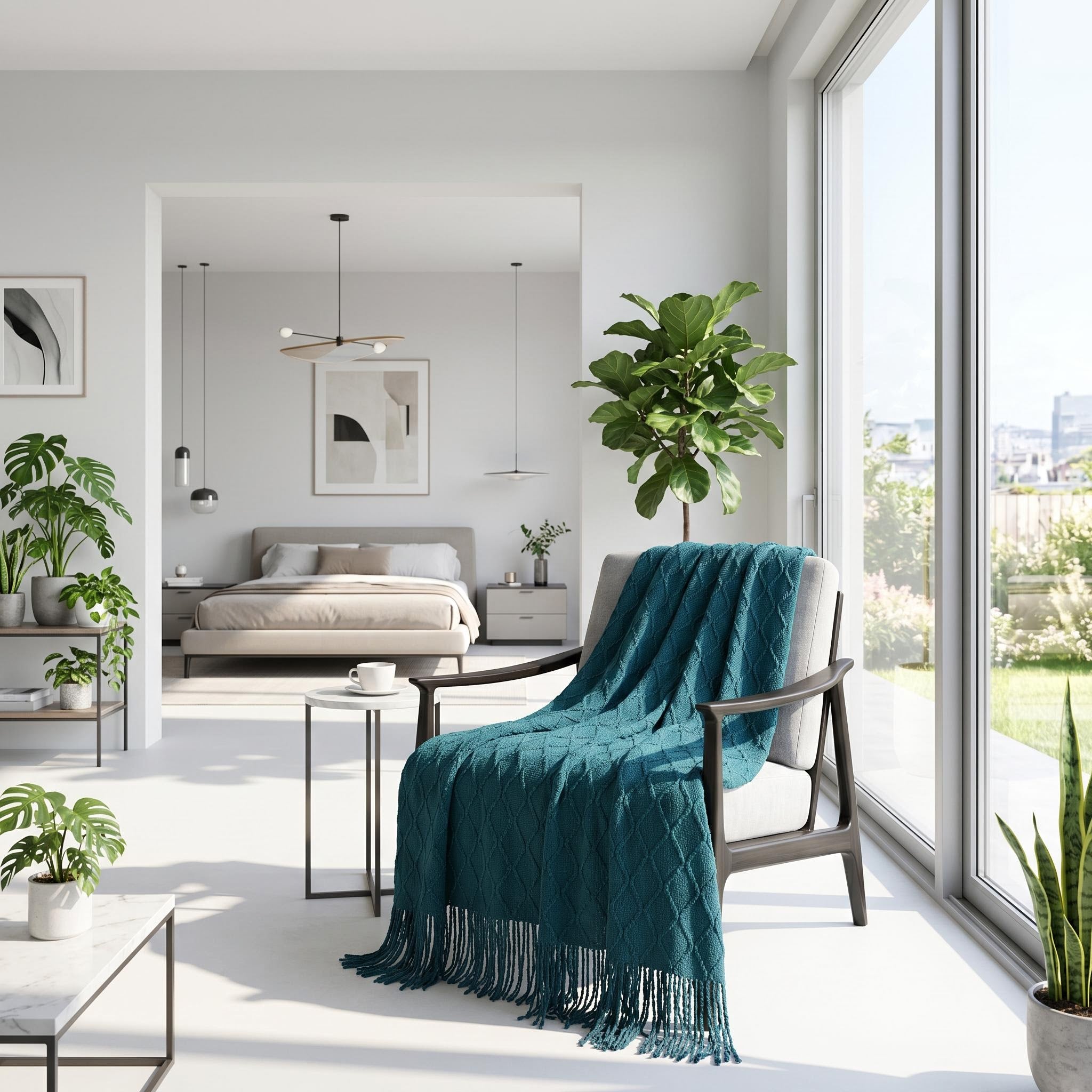 Teal Canyon Fringe Knit Throw Blanket draped over a modern armchair in a bright room.