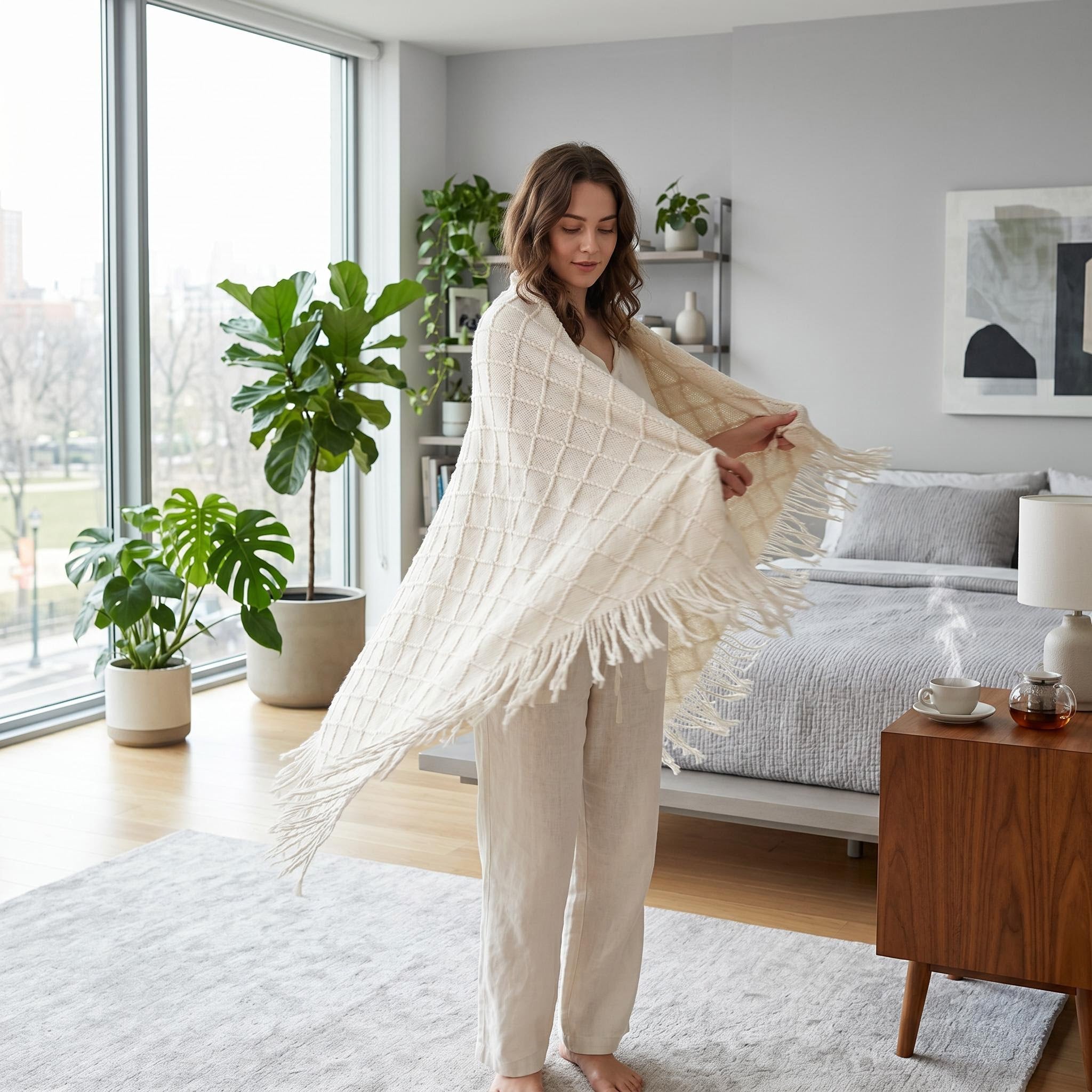 Woman wrapped in a cream Canyon Fringe Knit Throw Blanket with a textured diamond pattern.