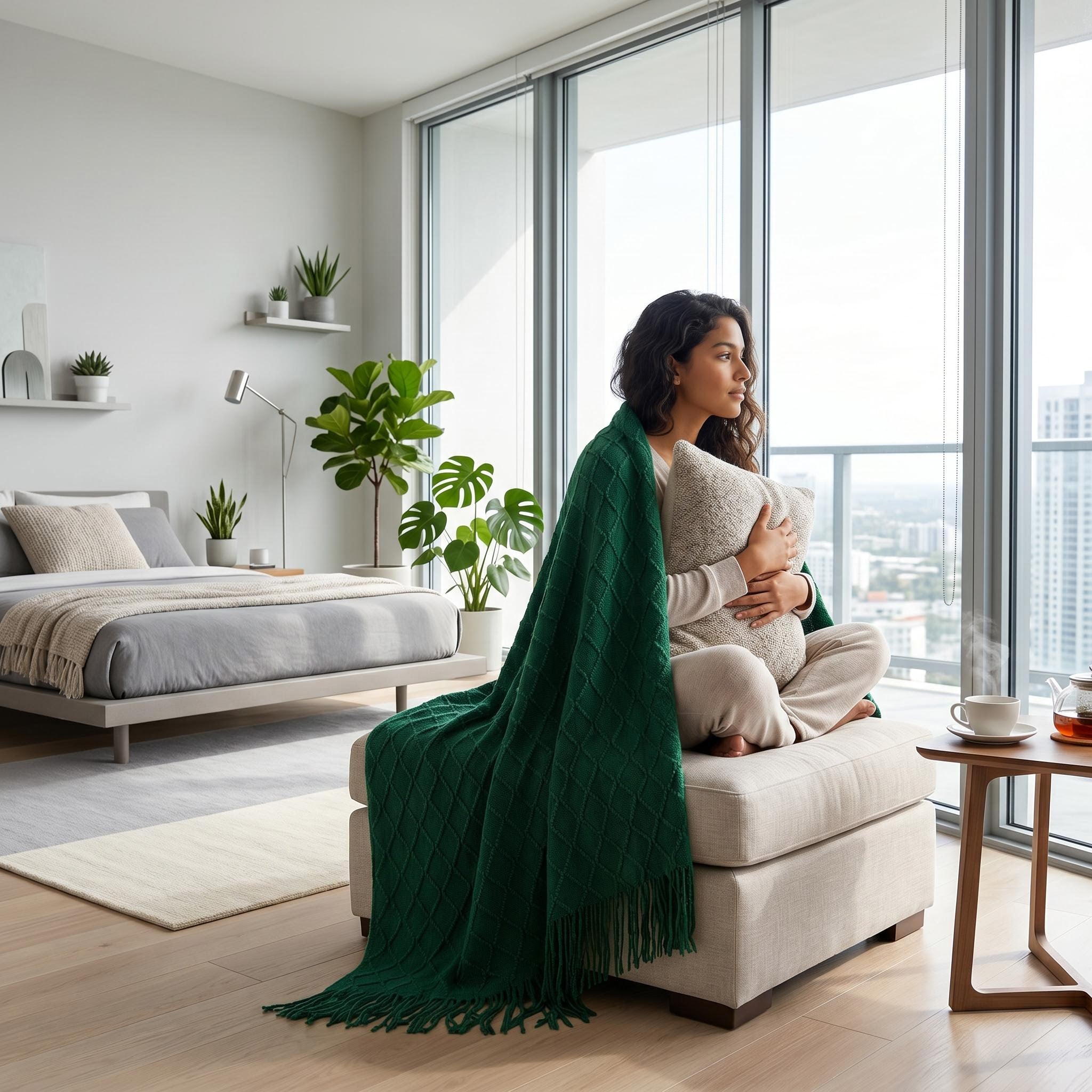 Woman wrapped in a green Canyon Fringe Knit Throw Blanket, sitting by a window in a modern bedroom.