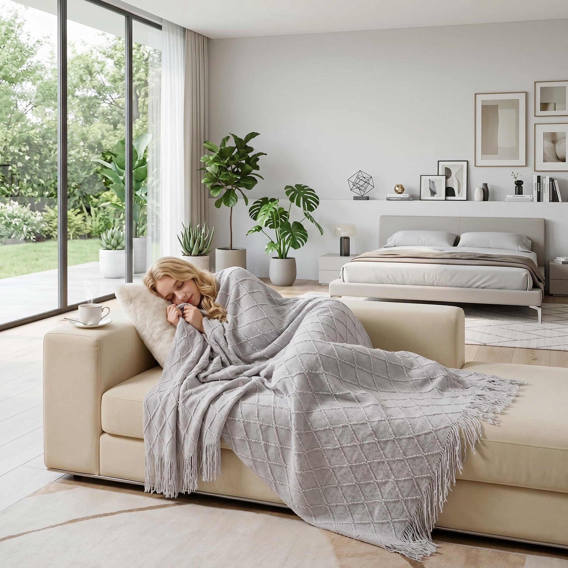 Blonde woman napping on a beige sofa, covered by a light gray Canyon Fringe Knit Throw Blanket with diamond texture.