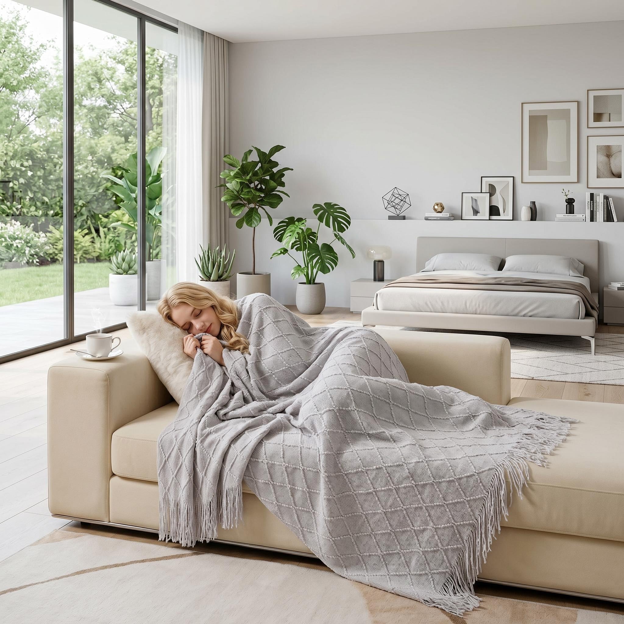 Blonde woman napping on a beige sofa, covered by a light gray Canyon Fringe Knit Throw Blanket with diamond texture.