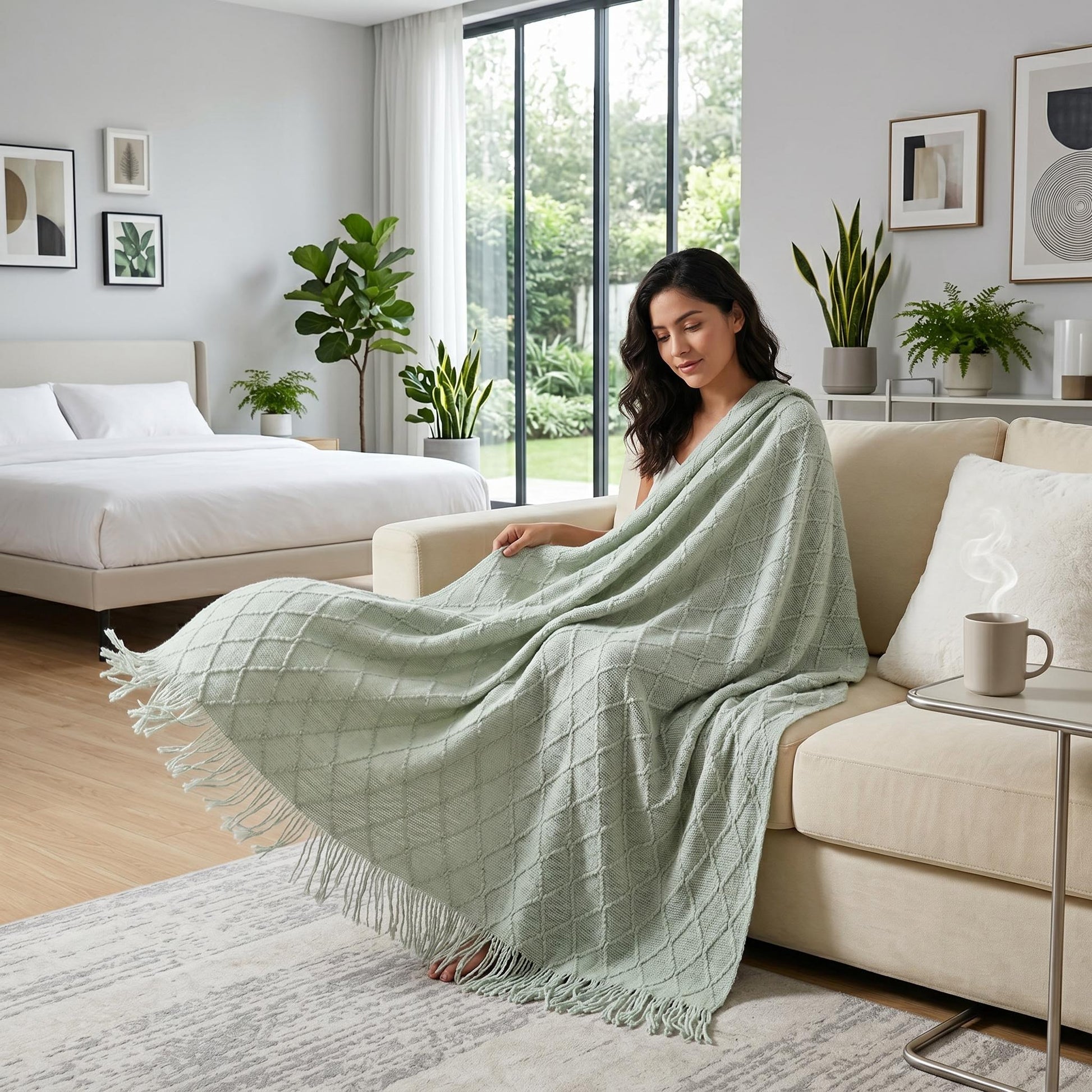Woman on a couch wrapped in a light green Canyon Fringe Knit Throw Blanket with a textured diamond pattern.
