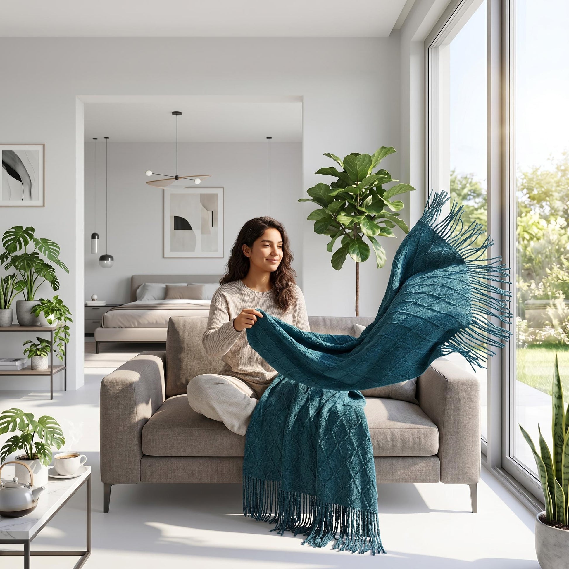 Woman on a sofa holding a teal Canyon Fringe Knit Throw Blanket with textured knit and fringe edges.