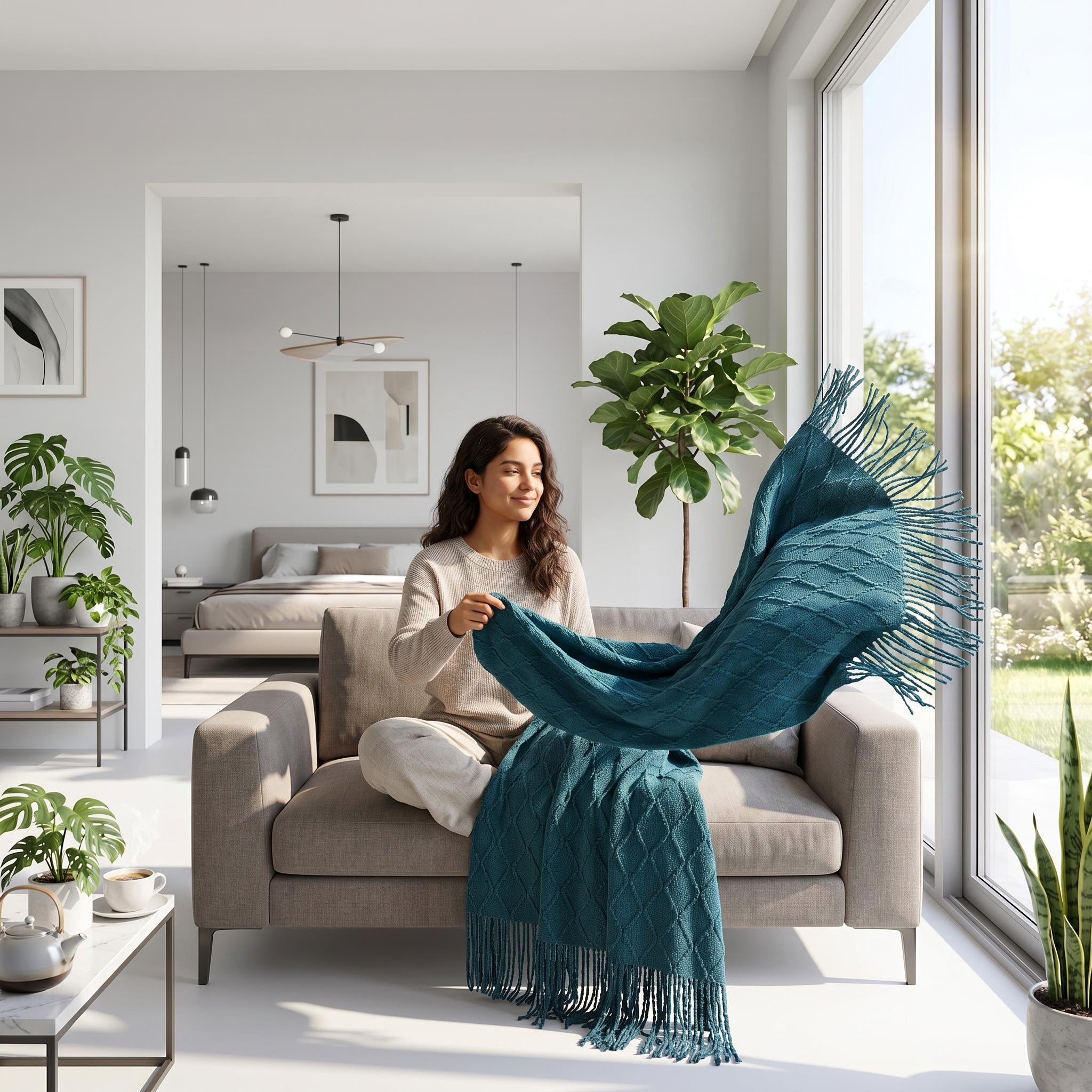 Woman on a sofa holding a teal Canyon Fringe Knit Throw Blanket with textured knit and fringe edges.