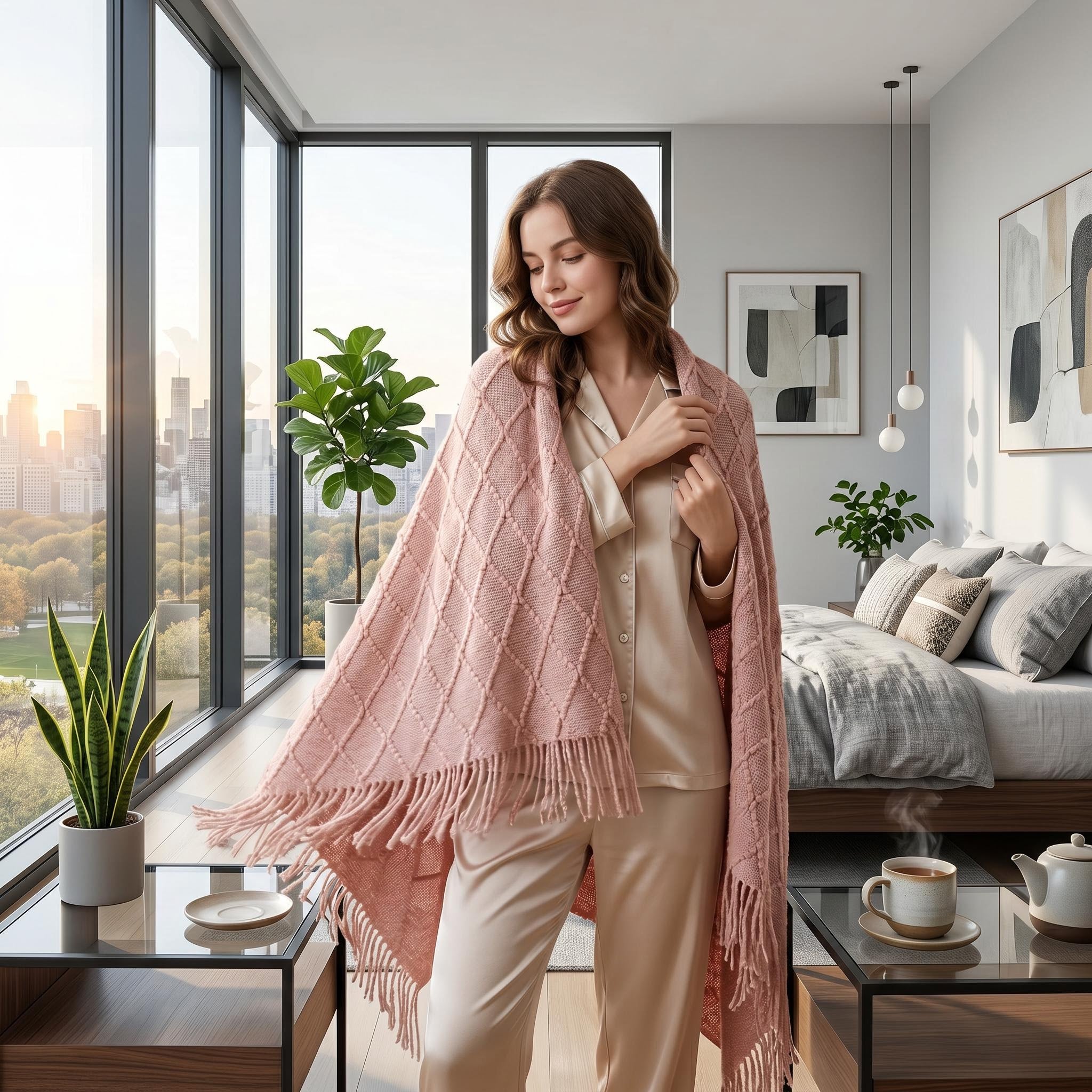 Woman wrapped in a pink Canyon Fringe Knit Throw Blanket with a diamond texture and fringe edges.