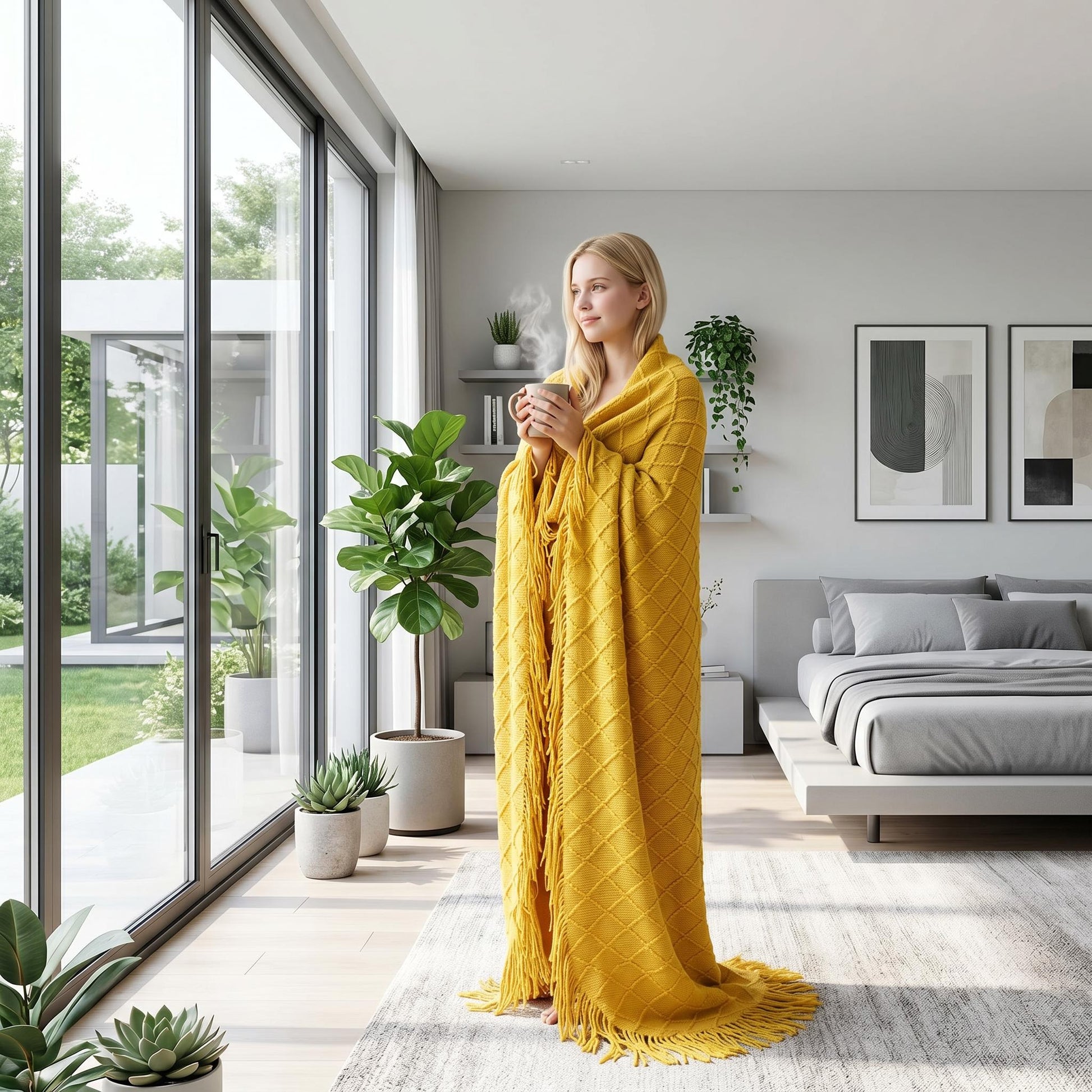 Blonde woman wrapped in a cozy yellow Canyon Fringe Knit Throw Blanket, holding a mug, looking out a window.