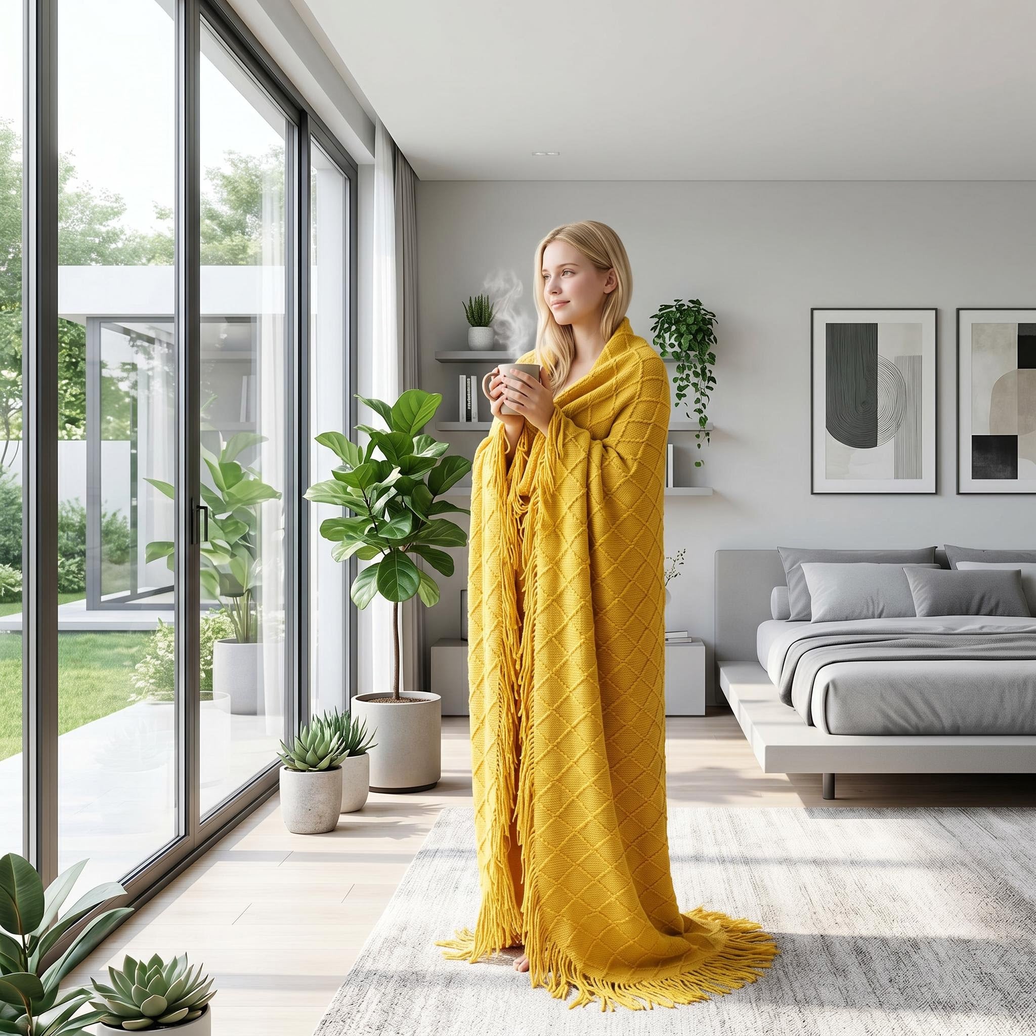 Blonde woman wrapped in a cozy yellow Canyon Fringe Knit Throw Blanket, holding a mug, looking out a window.
