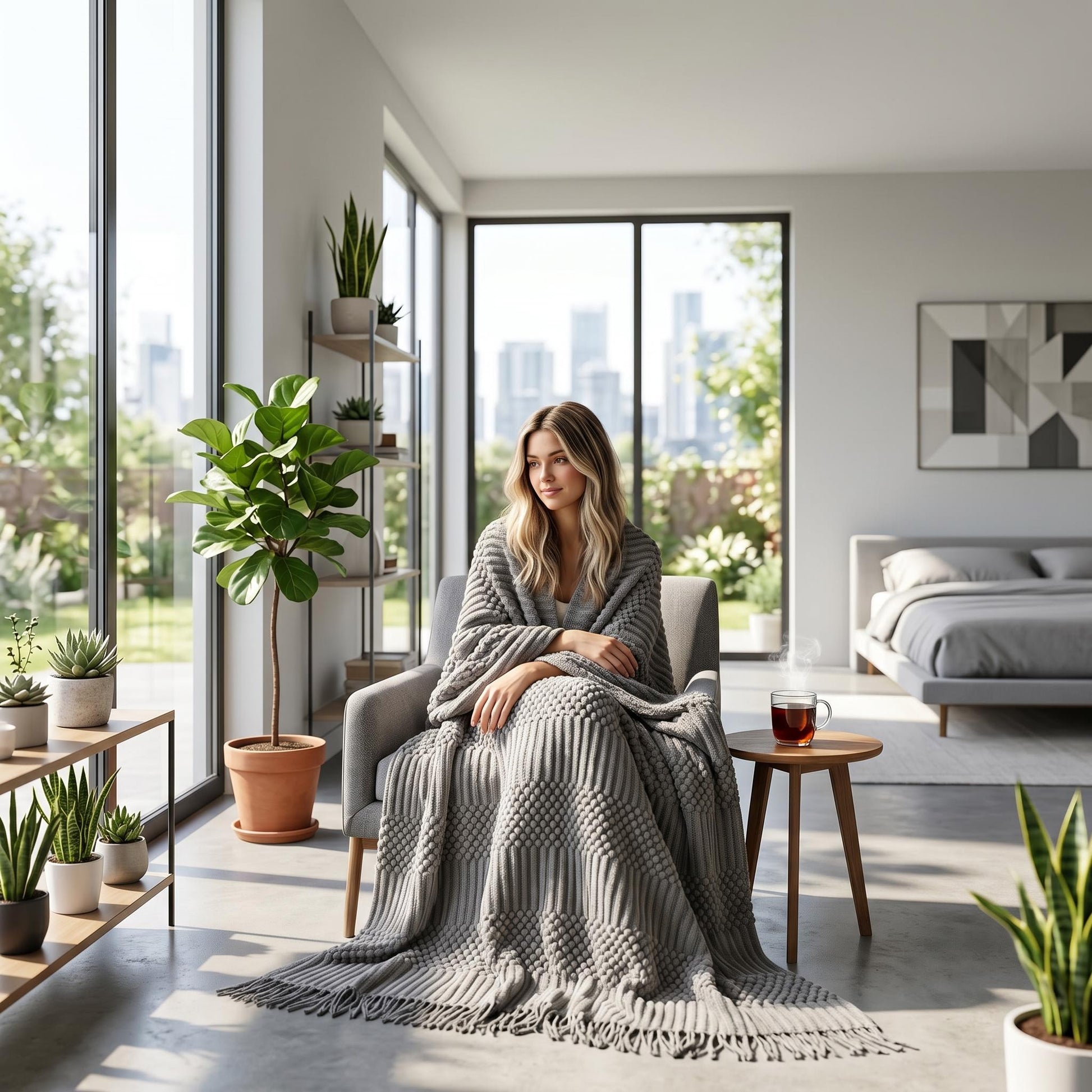 Woman wrapped in a gray acrylic Canyon Fringe Knit Throw Blanket with textured knit and fringe edges.