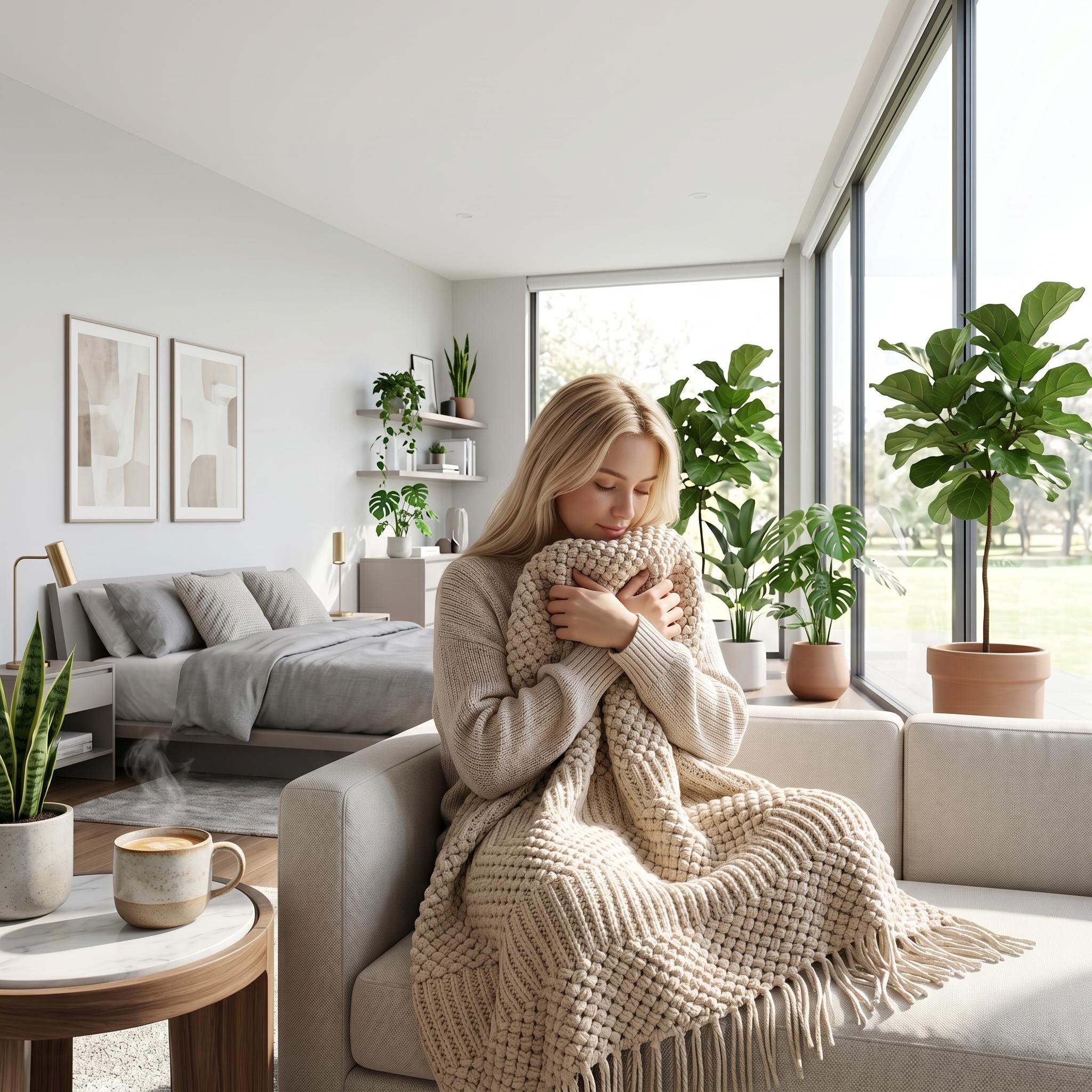 Blonde woman wrapped in a cozy beige Canyon Fringe Knit Throw Blanket on a sofa in a bright living room.