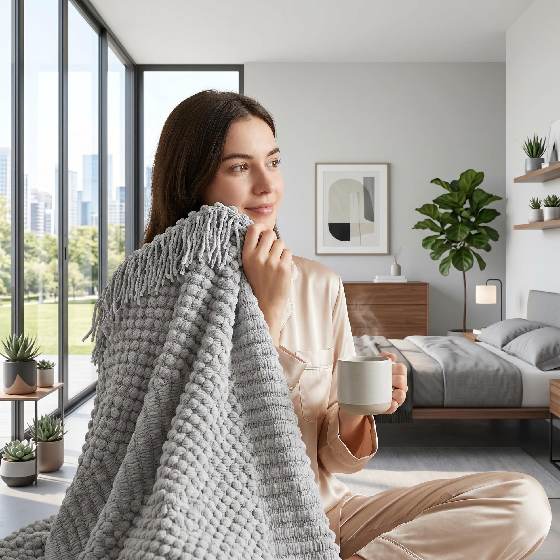 Woman in pajamas holding a gray acrylic Canyon Fringe Knit Throw Blanket with textured bobbles and fringe.