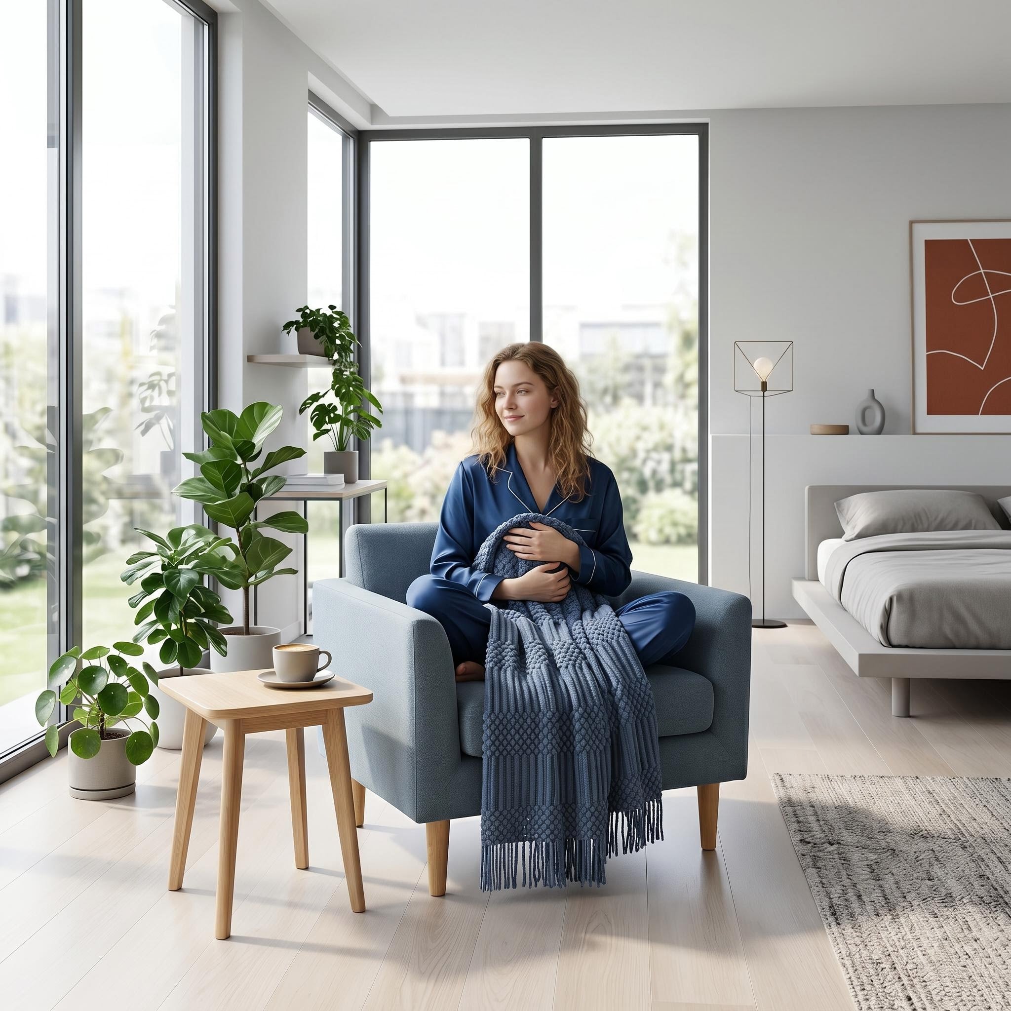 Woman in blue pajamas relaxing in an armchair, holding a blue Canyon Fringe Knit Throw Blanket.