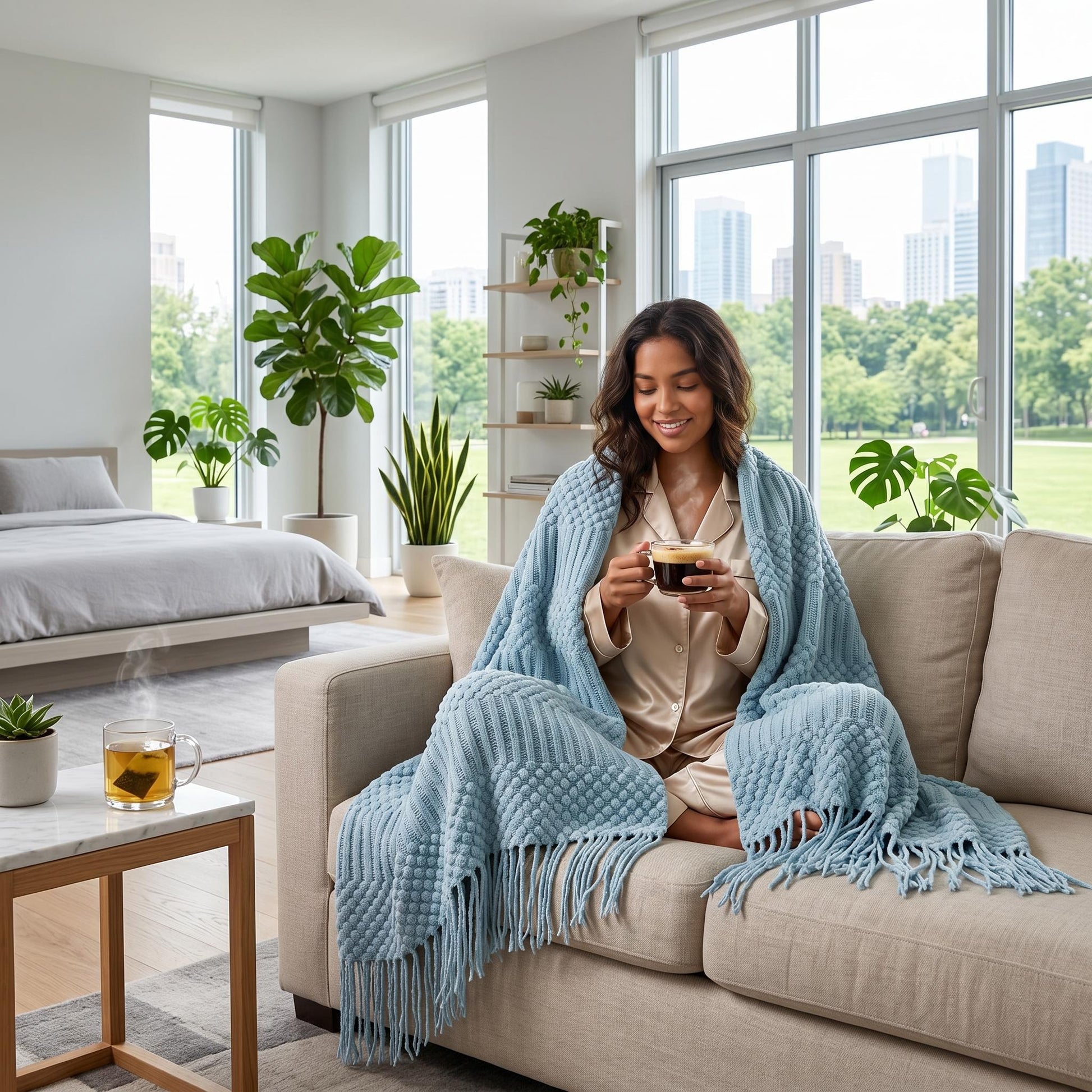Woman on a sofa wrapped in a light blue Canyon Fringe Knit Throw Blanket, holding a coffee cup.