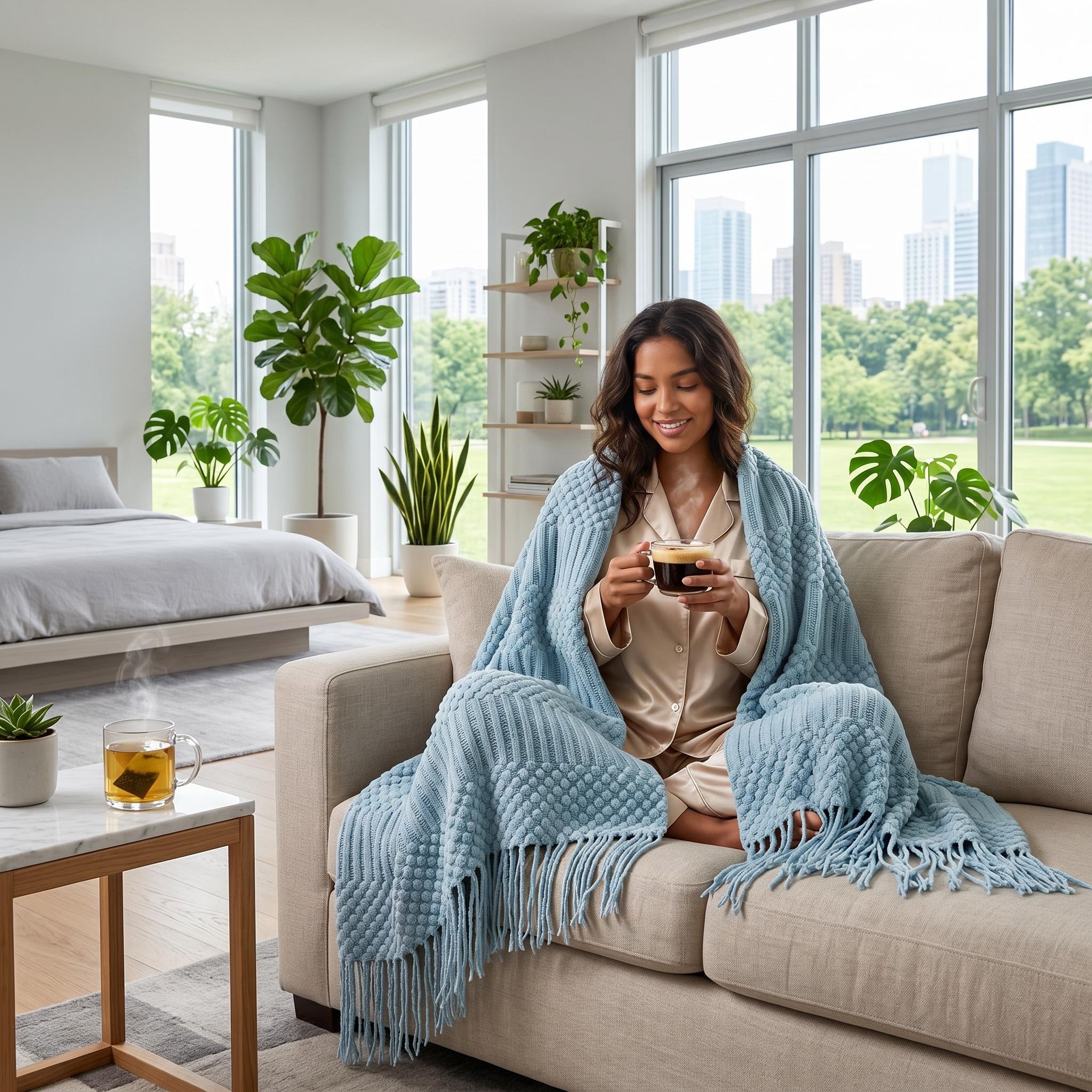Woman on a sofa wrapped in a light blue Canyon Fringe Knit Throw Blanket, holding a coffee cup.