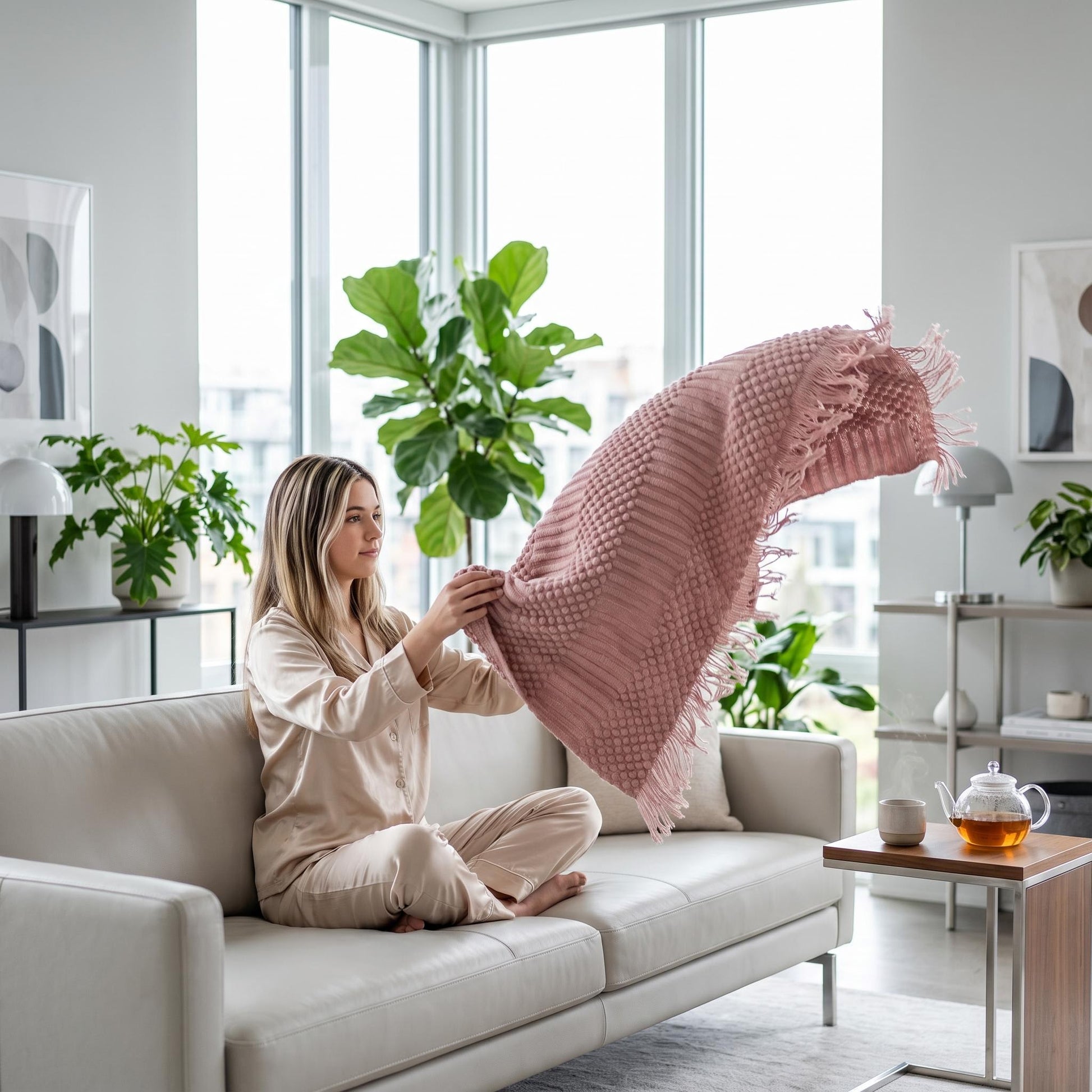 Woman on a sofa holding up a pink Canyon Fringe Knit Throw Blanket with textured knit and fringe edges.