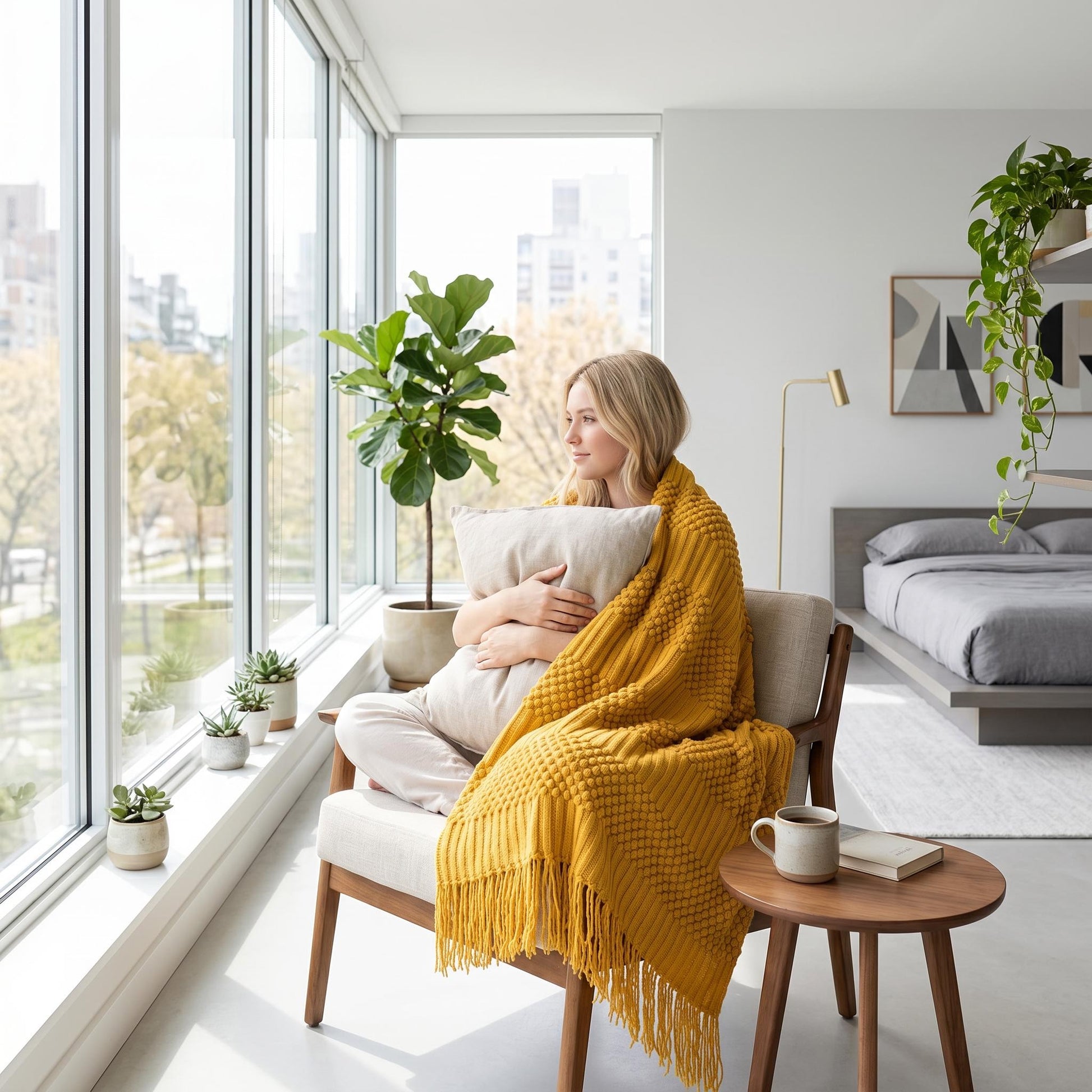 Blonde woman wrapped in a mustard yellow Canyon Fringe Knit Throw Blanket, holding a pillow, looking out a window.