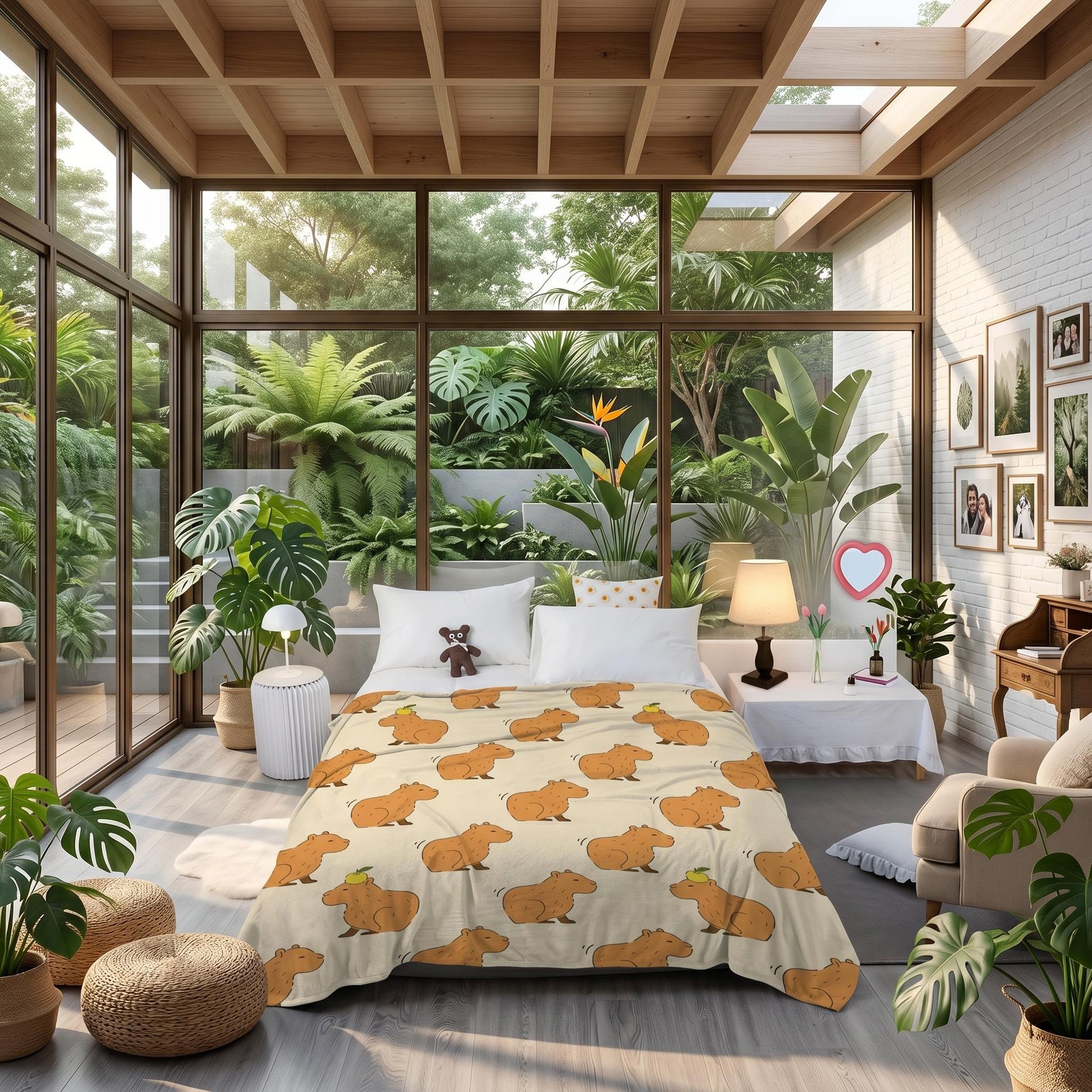 Light brown flannel blanket with a playful capybara print on a bed in a bright, plant-filled room.