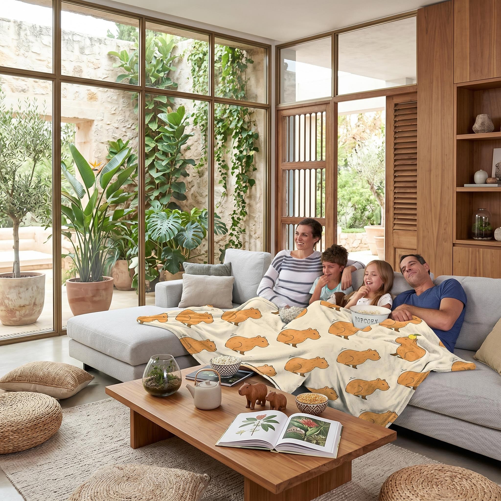 Family on a gray sectional sofa, covered by a light cream flannel blanket with a playful capybara print.