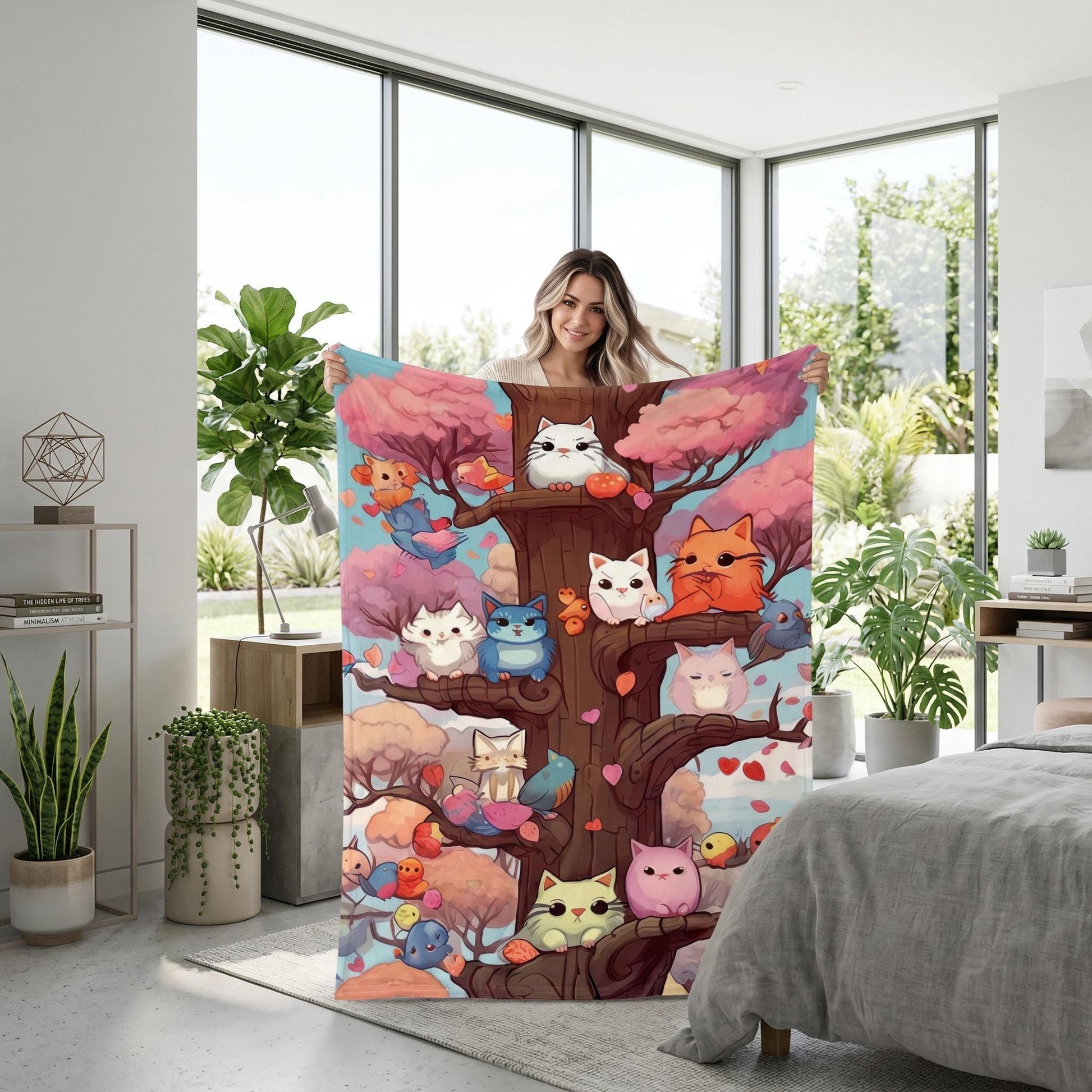 Woman holding a soft flannel blanket with a colorful cartoon cat tree design.