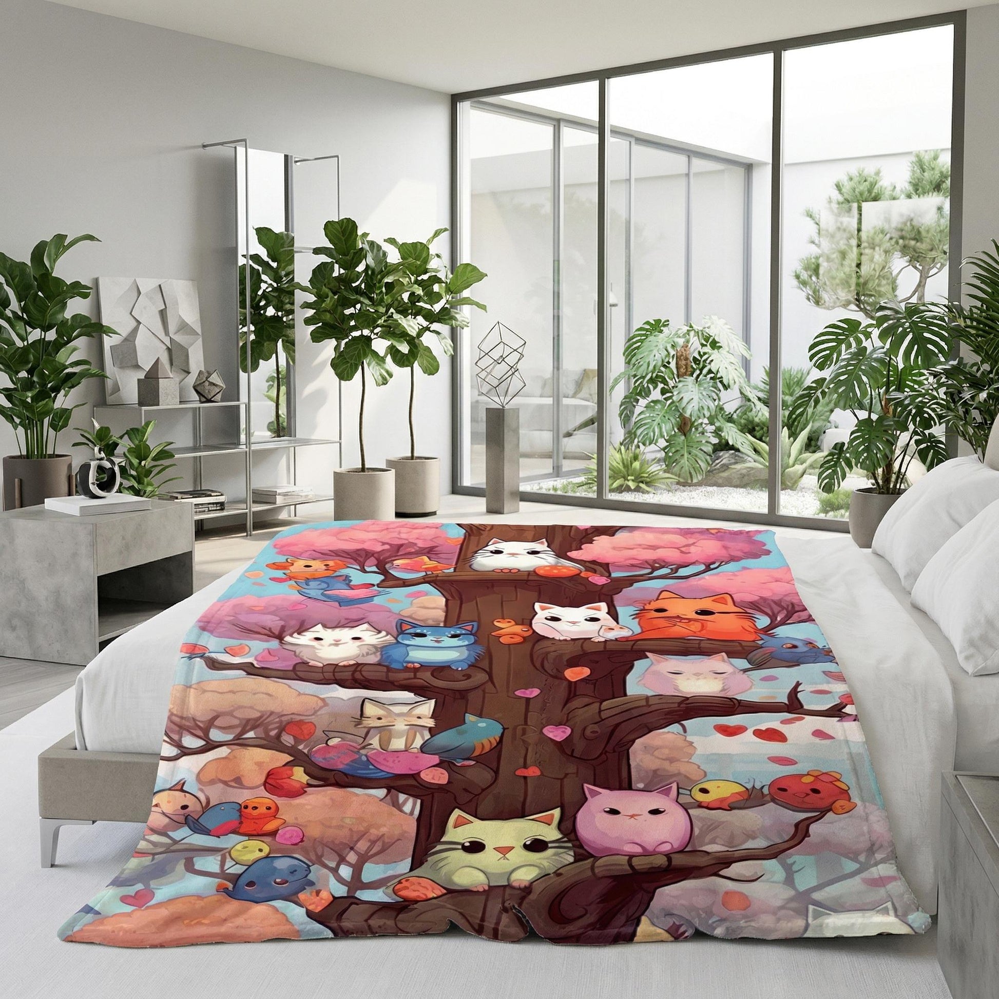 Flannel blanket with a colorful cartoon cat tree design on a bed in a modern room.