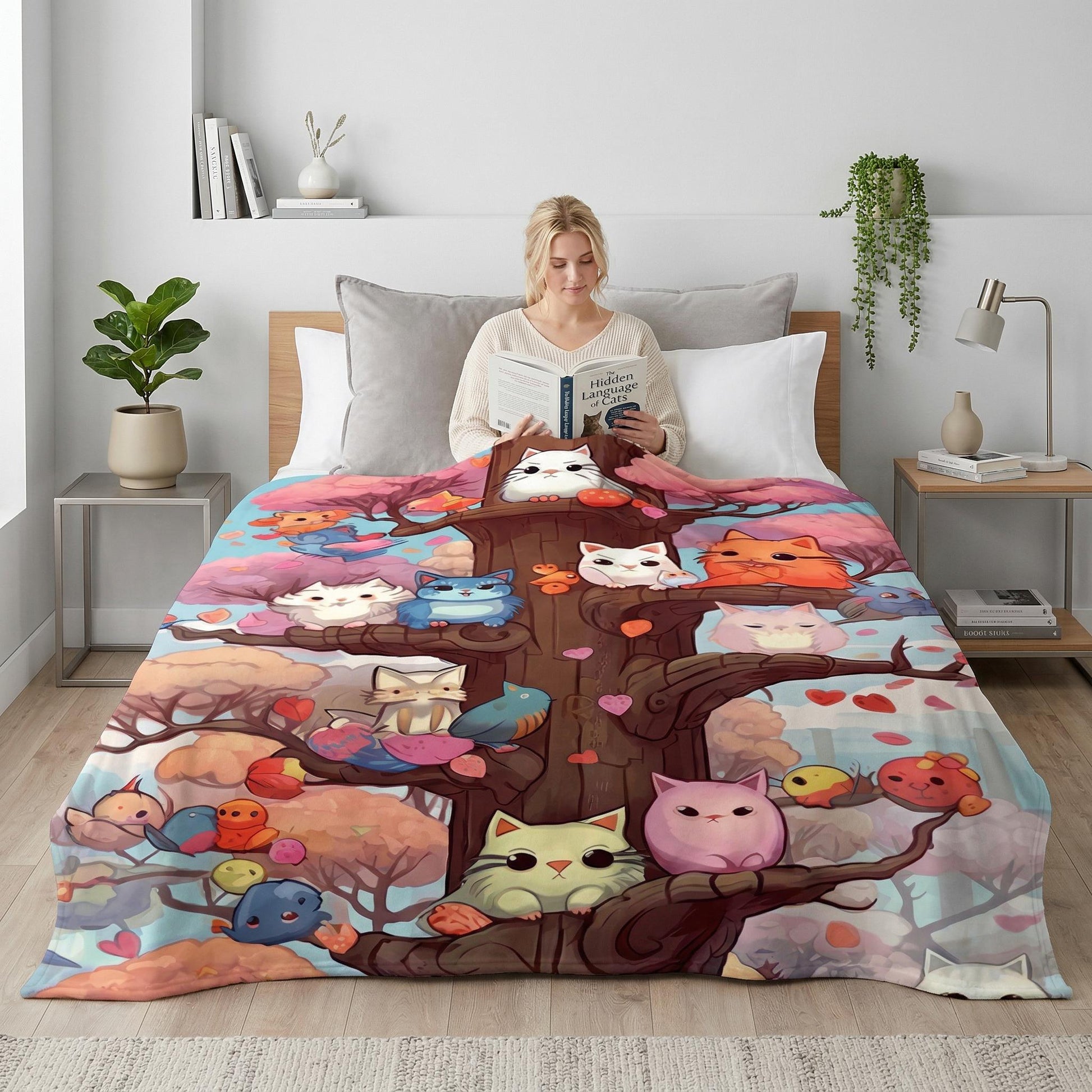 Blonde woman reading in bed under a soft flannel blanket with a colorful cartoon cat tree design.