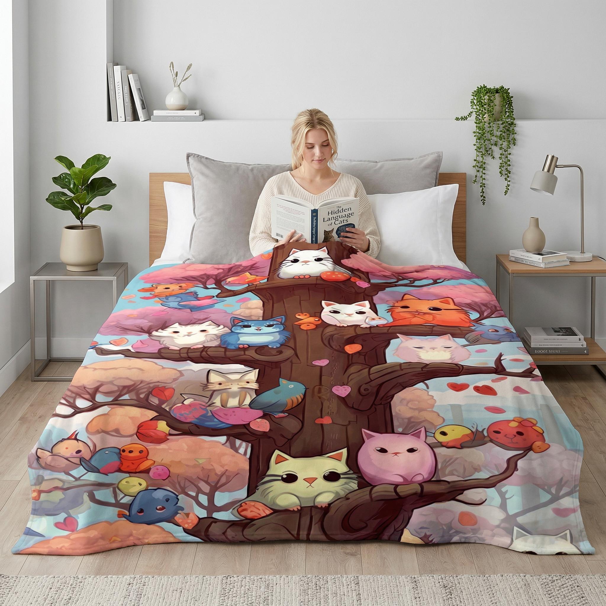 Blonde woman reading in bed under a soft flannel blanket with a colorful cartoon cat tree design.