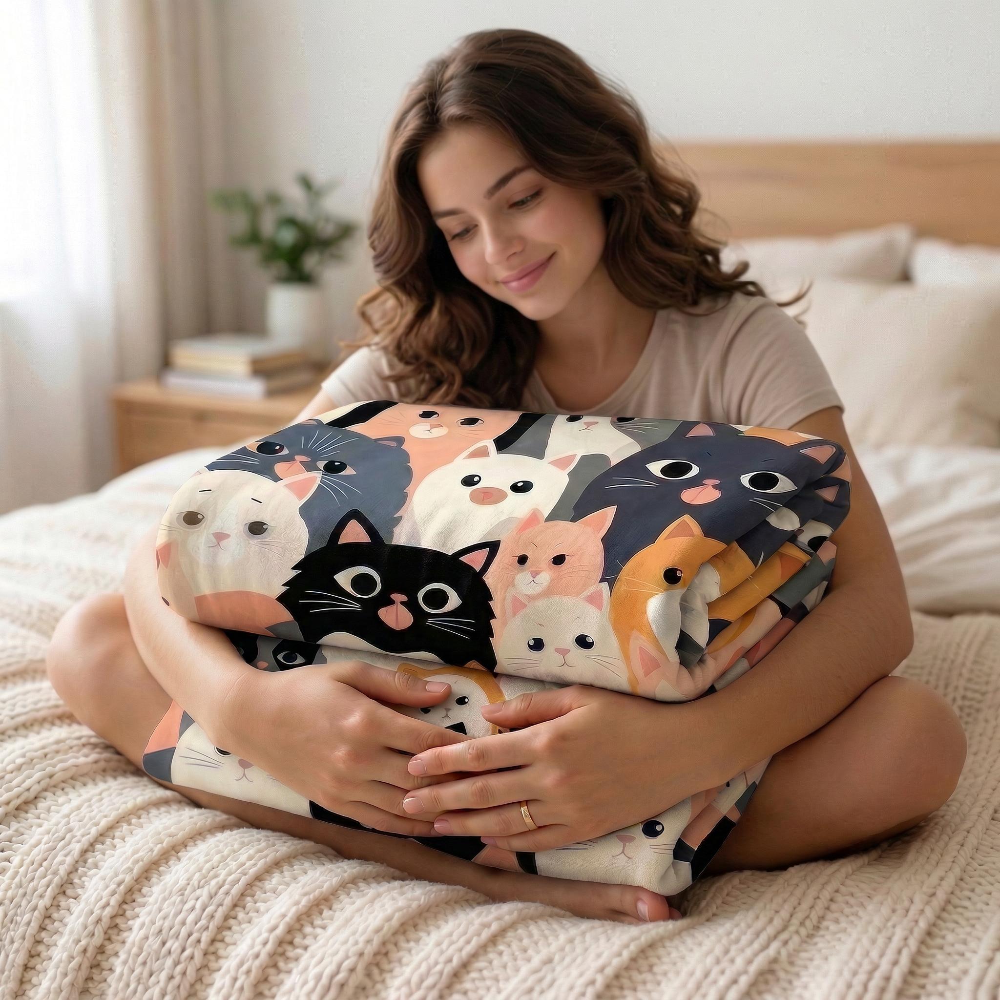 Smiling woman holding a folded flannel blanket with a colorful cartoon cat pattern.