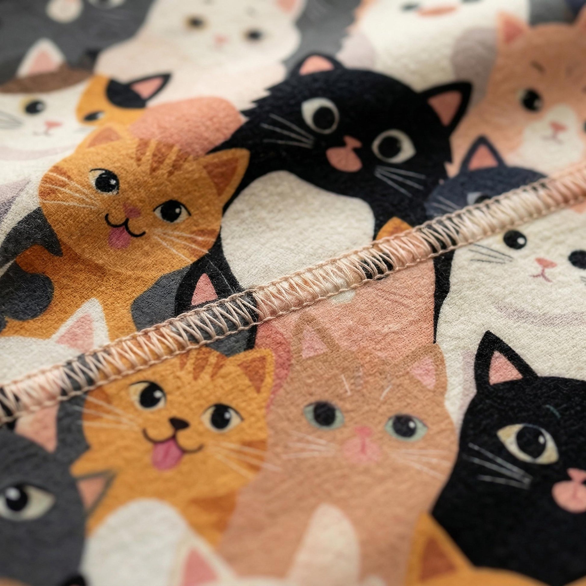 Close-up of a soft flannel blanket with a charming pattern of colorful cartoon cats and visible stitching.