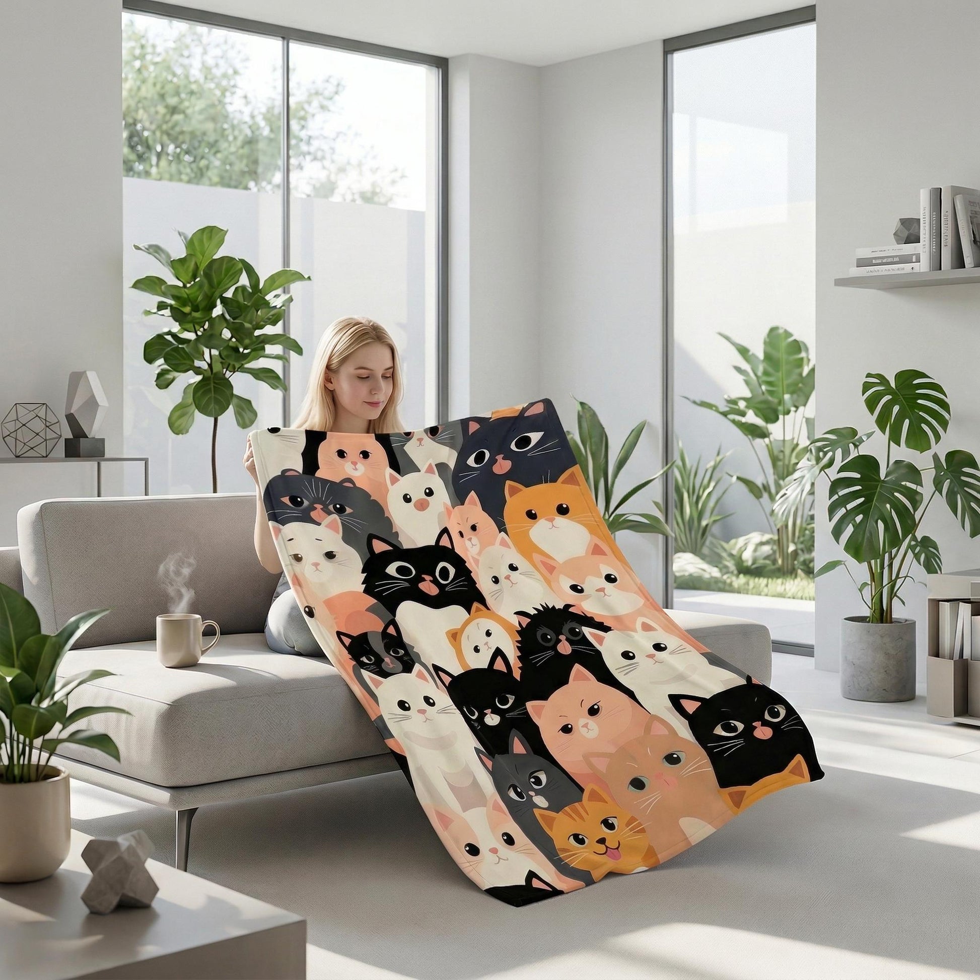 Blonde woman on a sofa holding a soft flannel blanket with a cute, colorful cartoon cat pattern.