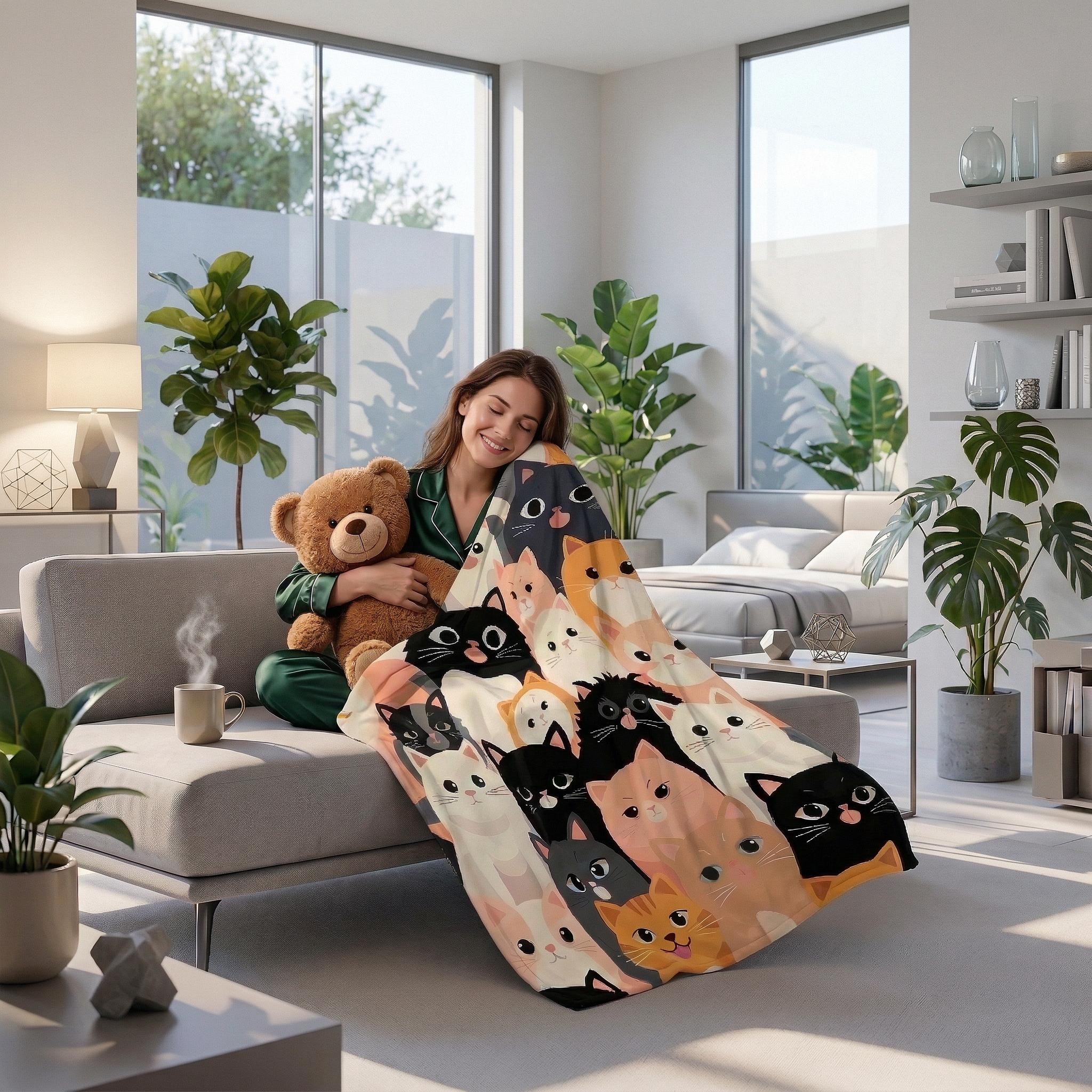 Smiling woman on a sofa, wrapped in a soft flannel blanket with a cute cartoon cat pattern.
