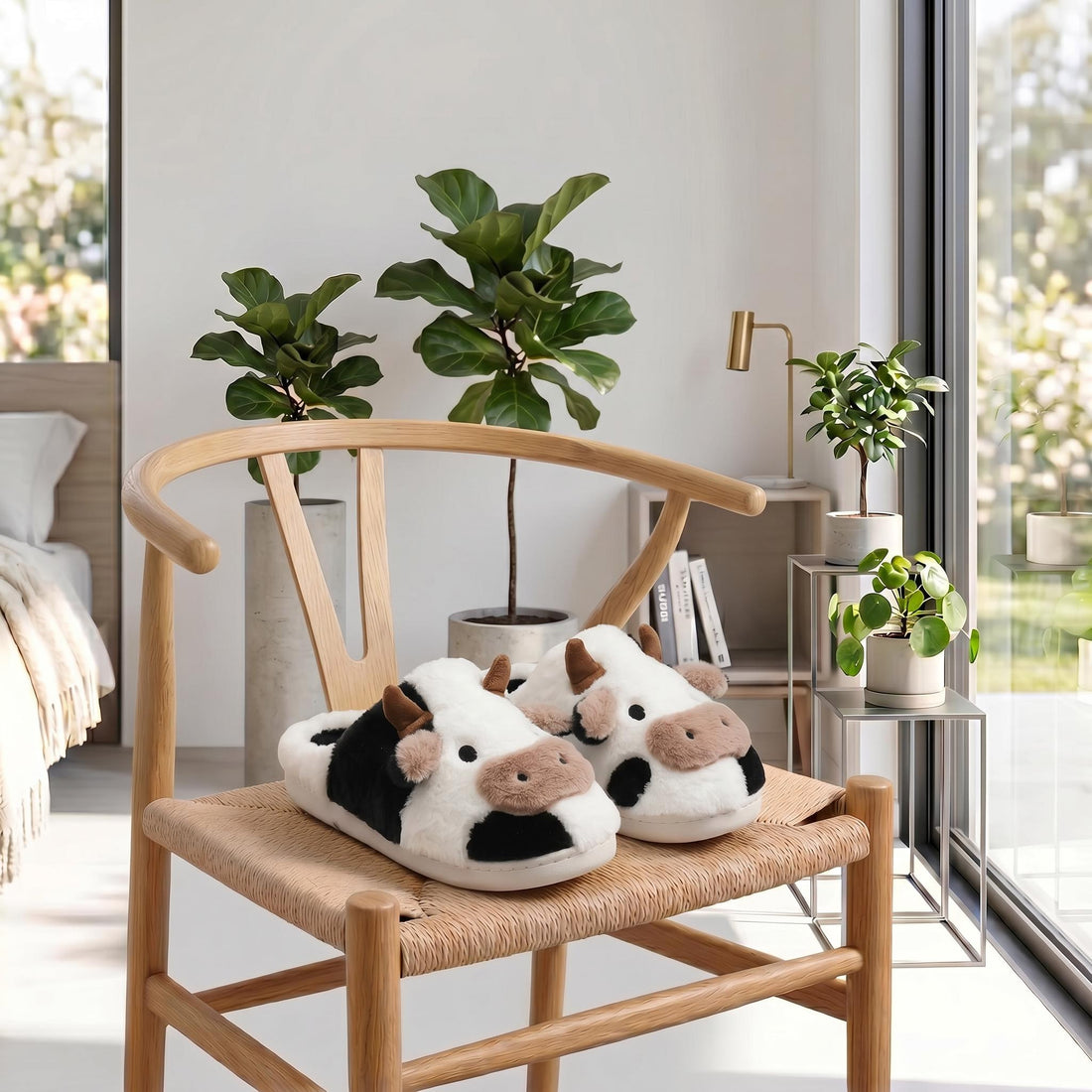 Woman relaxing in a chair wearing cozy black and white cartoon cow plush slippers with soft faux fur and memory foam.