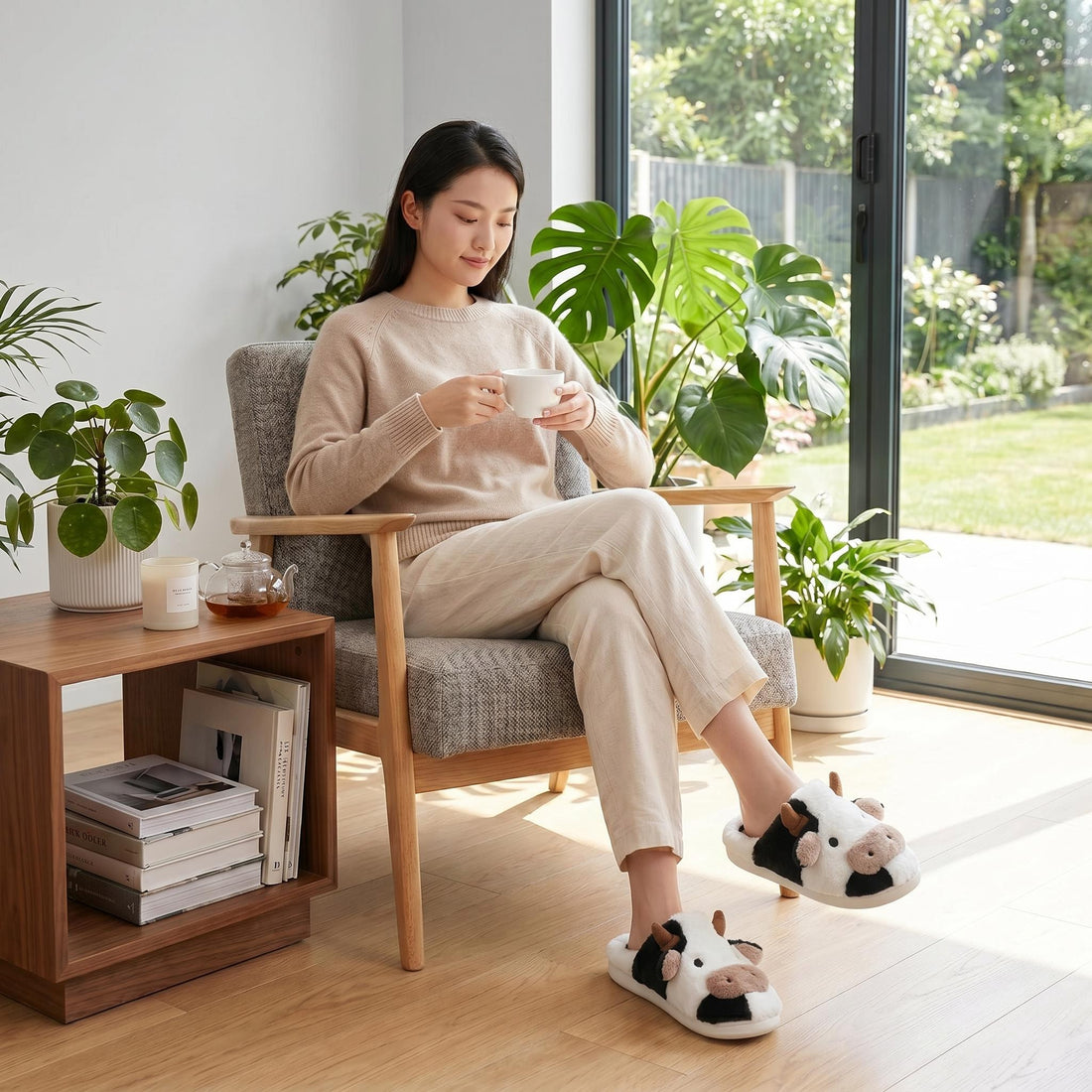 Woman relaxing in a chair wearing cozy black and white cartoon cow plush slippers with soft faux fur and memory foam.