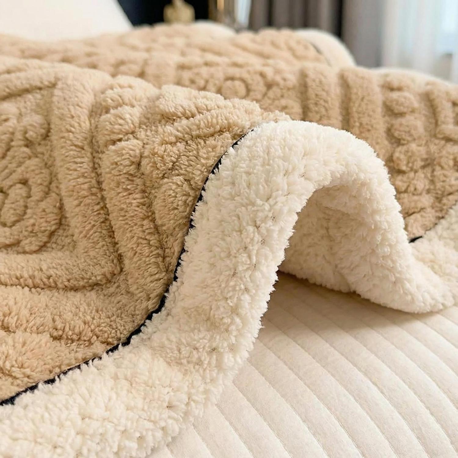 Beige carved velvet blanket with a plush white sherpa lining, folded on a bed.