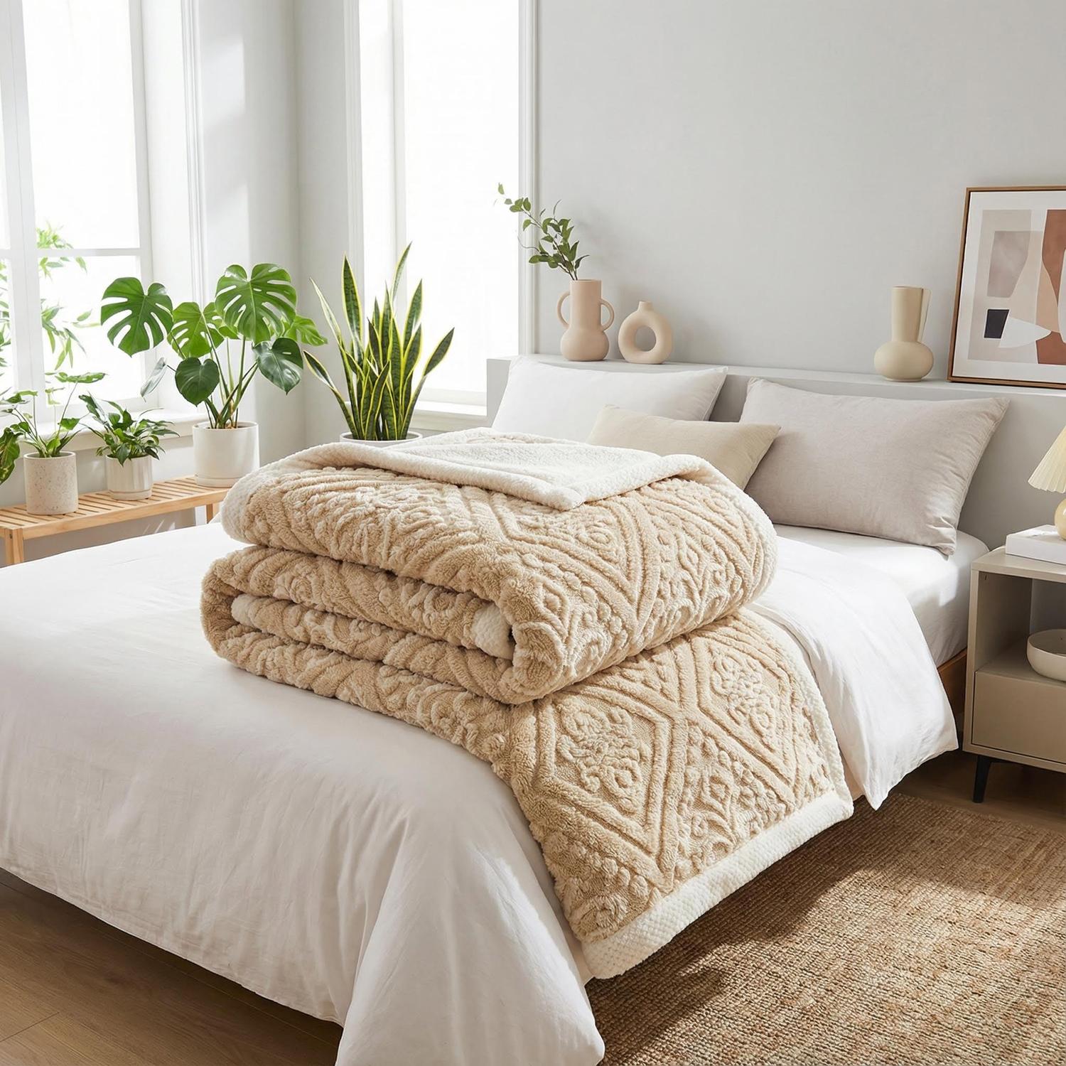 Folded beige carved velvet bed blanket with intricate geometric patterns on a white bed.