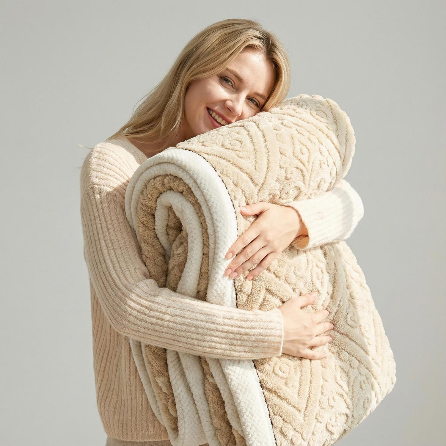 Smiling woman hugging a rolled beige carved velvet blanket with a plush white sherpa lining.