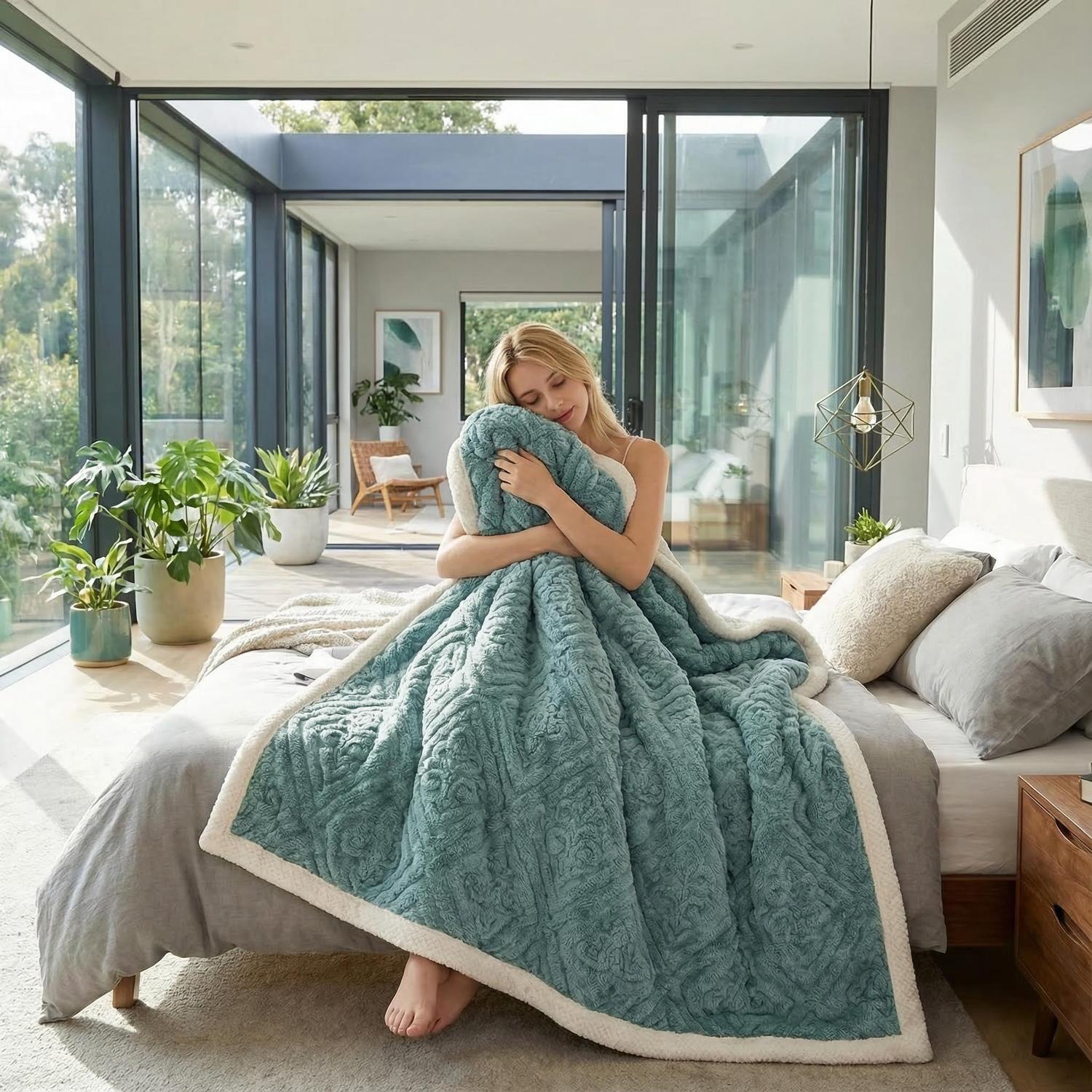 Woman on bed hugging a blue carved velvet blanket with a white sherpa lining.