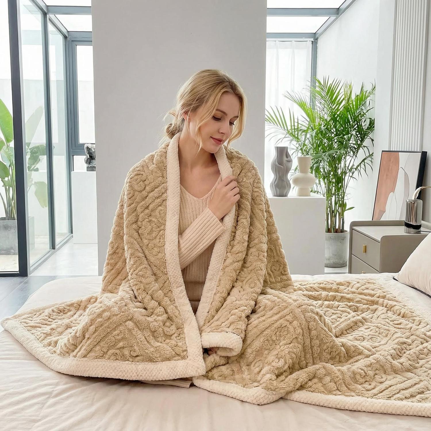 Woman wrapped in a camel carved velvet throw blanket with a plush sherpa trim.