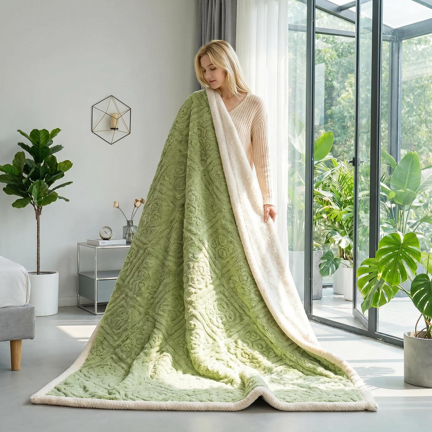 Blonde woman holding a large green carved velvet bed blanket with a cream reverse, showcasing its plush texture.