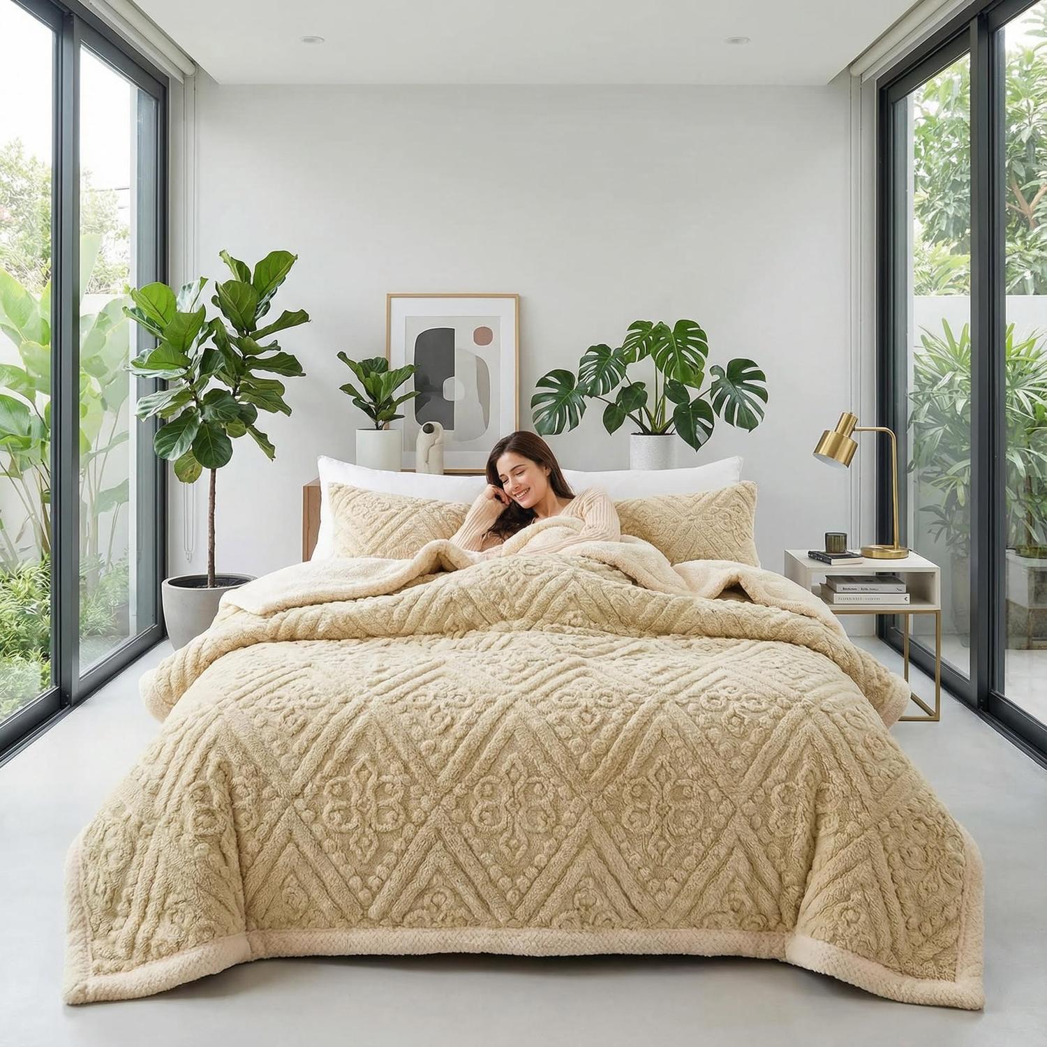 Woman relaxing in bed with a khaki carved velvet blanket featuring a diamond pattern.