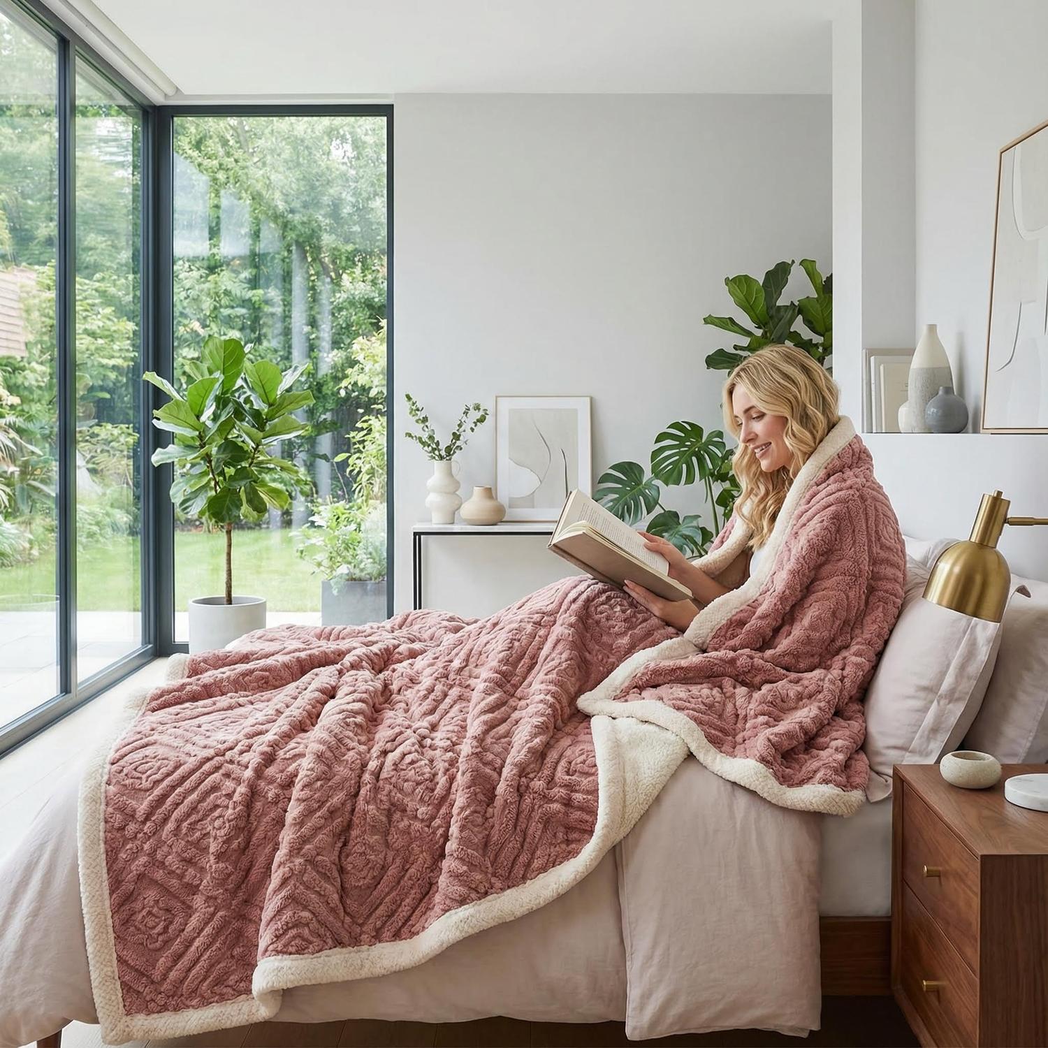 Woman wrapped in a red carved velvet throw blanket with a cream sherpa lining, reading in bed.