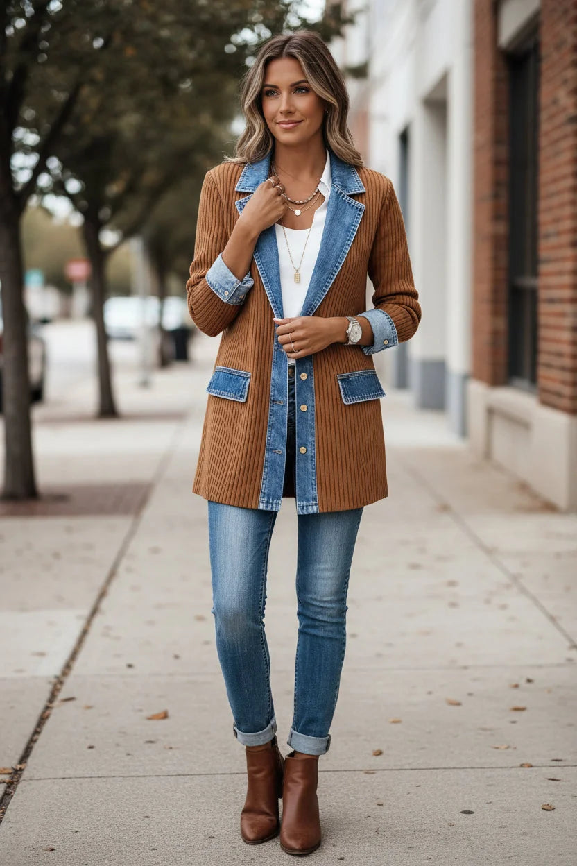 Casual Knit Cardigan with Denim Collar and Color Block Design 4