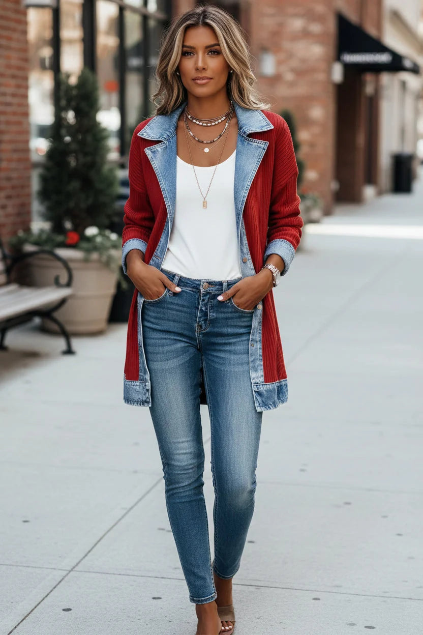 Casual Knit Cardigan with Denim Collar and Color Block Design 3
