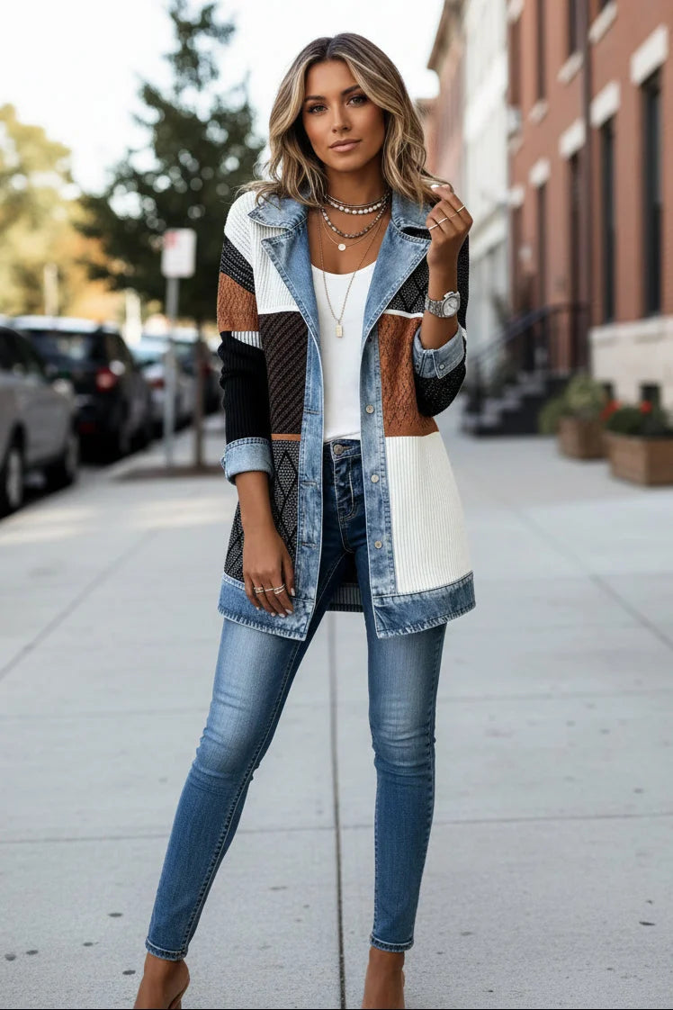 Casual Knit Cardigan with Denim Collar and Color Block Design 2