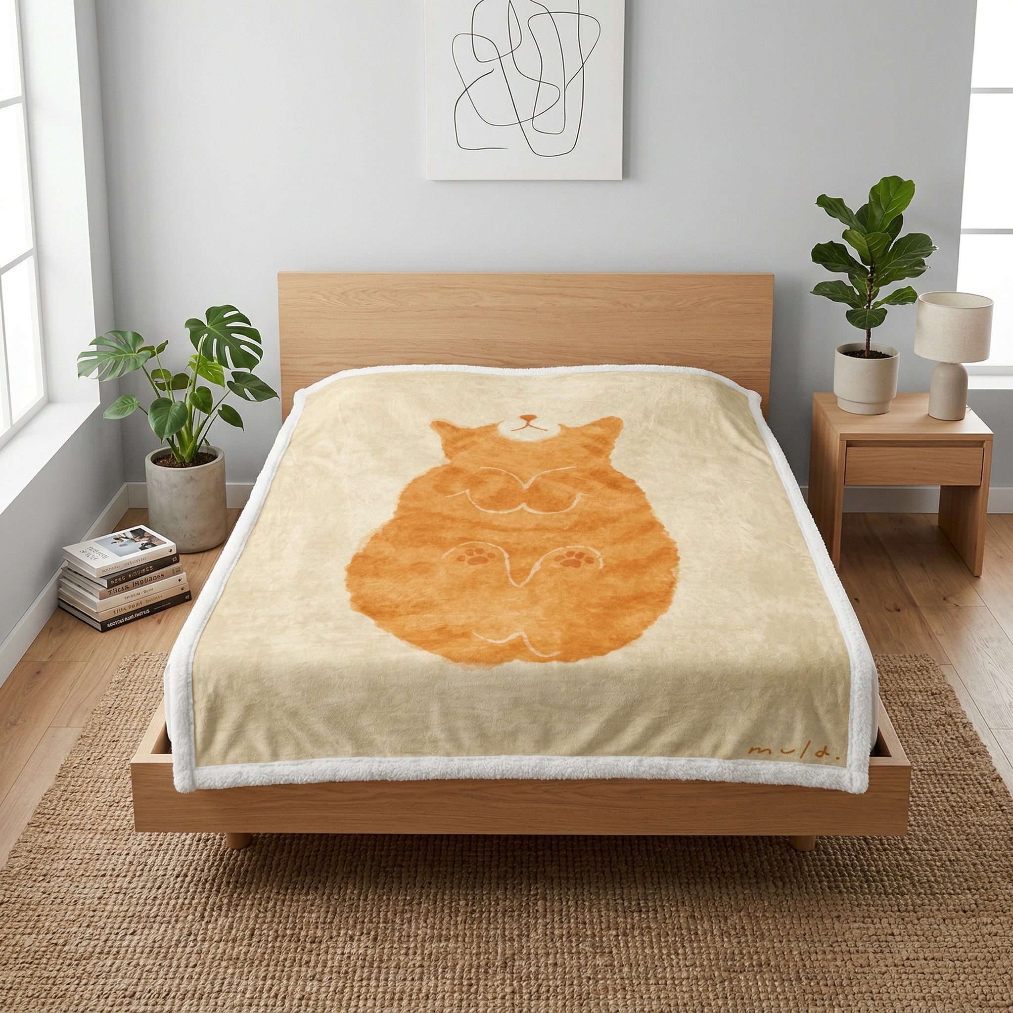 Soft beige flannel blanket with an orange cat illustration, reversible design, on a light wood bed.