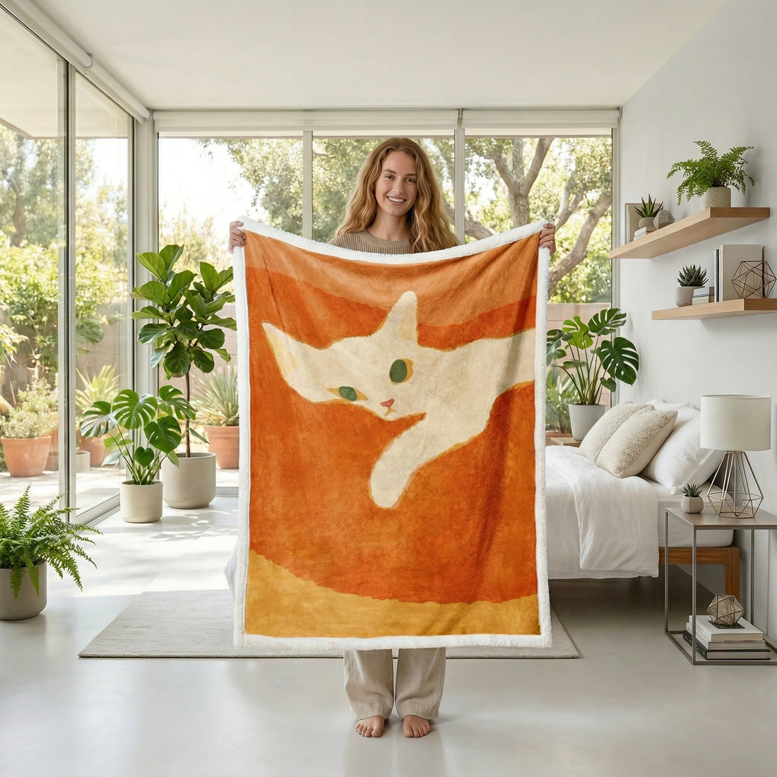 Orange flannel blanket with a white cat illustration, draped over a bed with a woman and child.