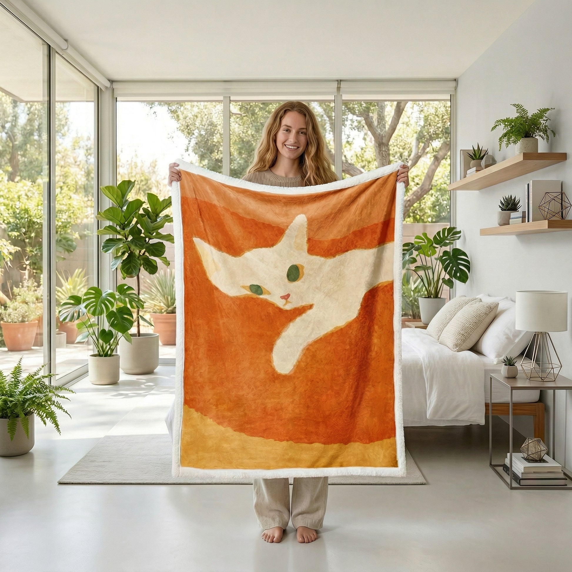 Woman holding a soft orange flannel blanket with a white cat illustration and green eyes.