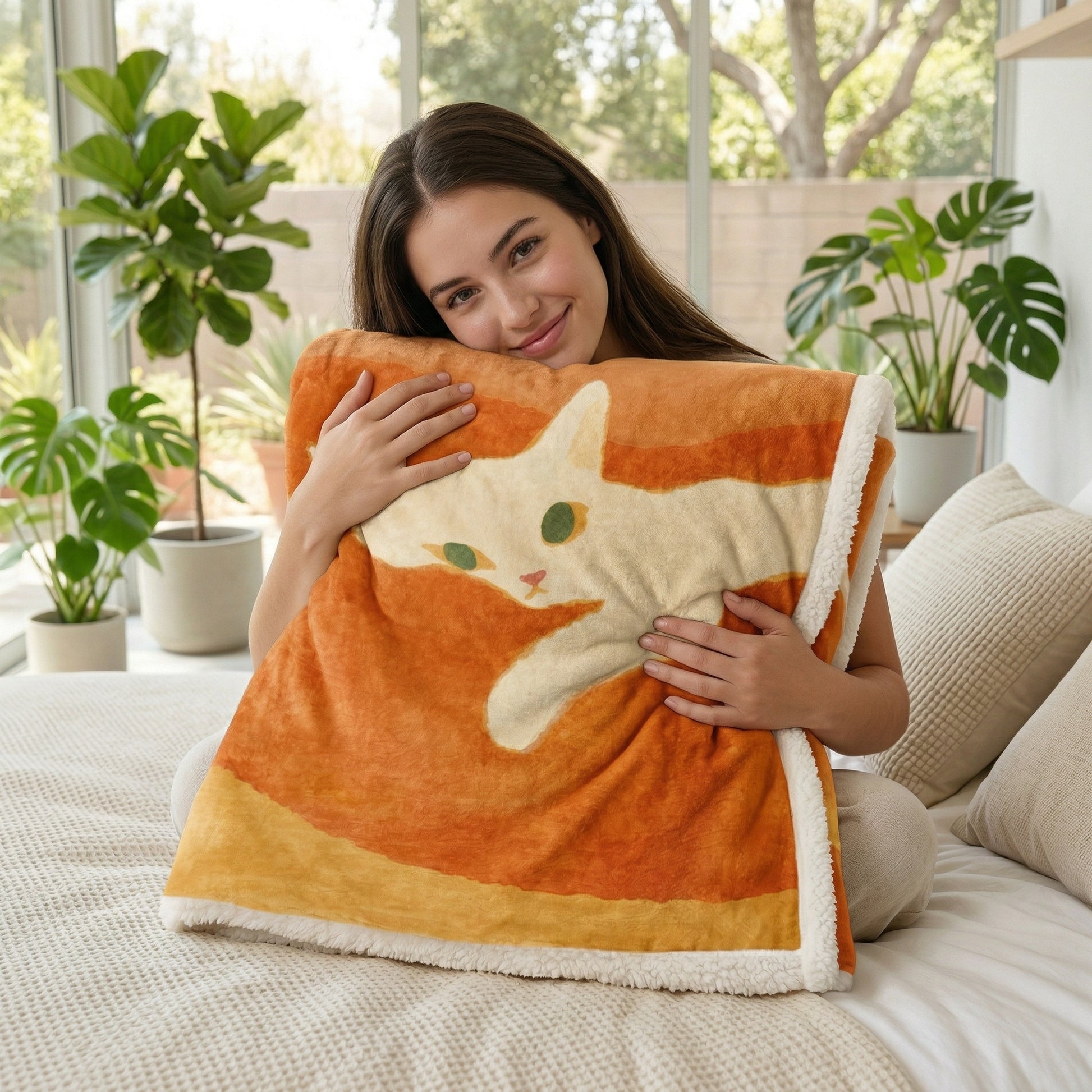 Woman hugging a soft orange flannel blanket with a white cat illustration and sherpa trim.
