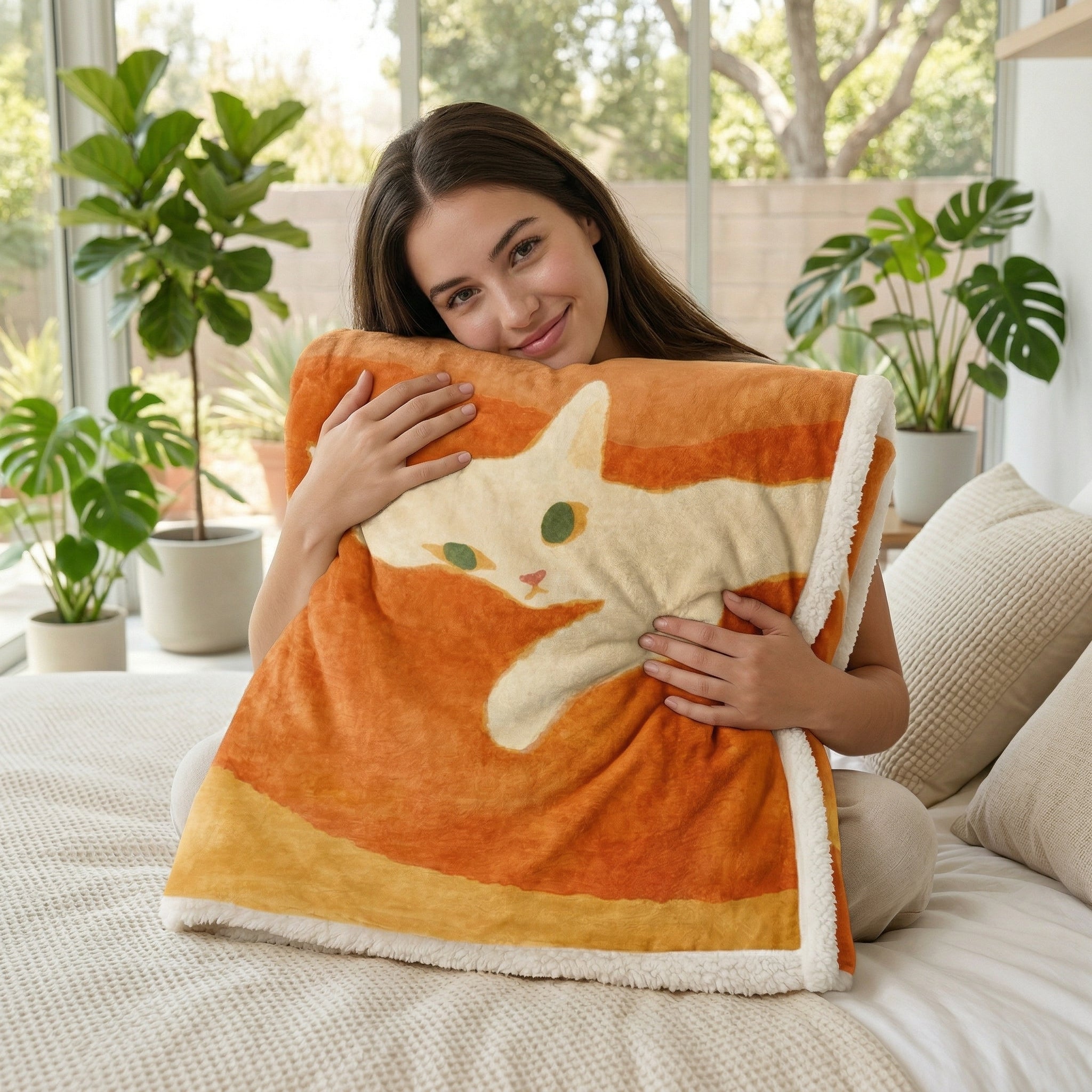 Woman hugging a soft orange flannel blanket with a white cat illustration and sherpa trim.